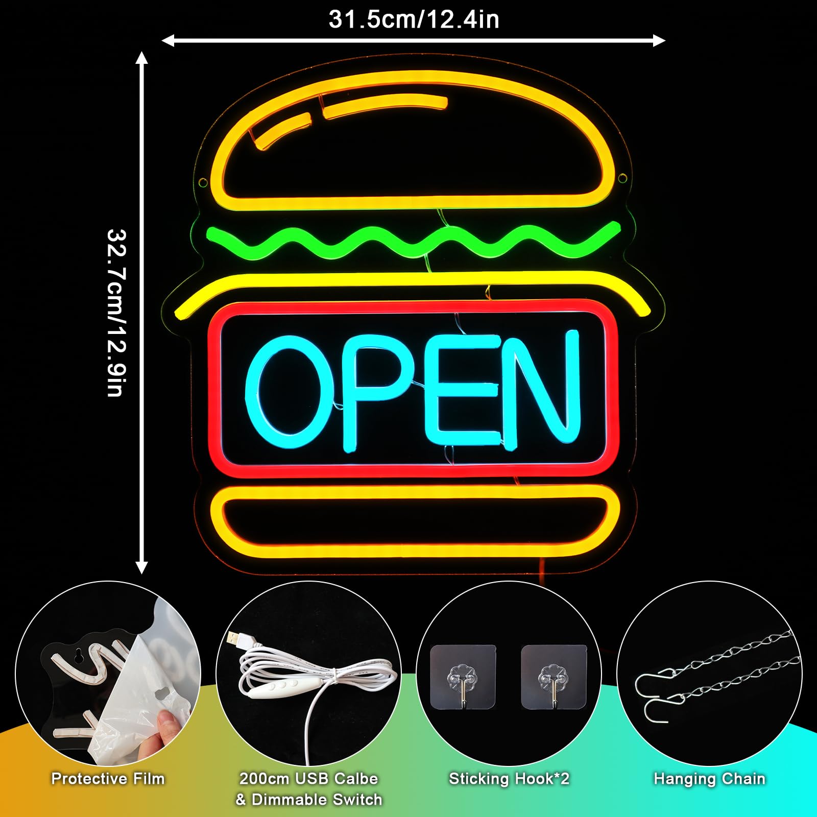 Abierto de neón de señal de hamburguesa de neón de luz para la decoración de la pared Led Abierto de señal para Burger Shop Fast Food Shop Negocios Restaurante Tienda