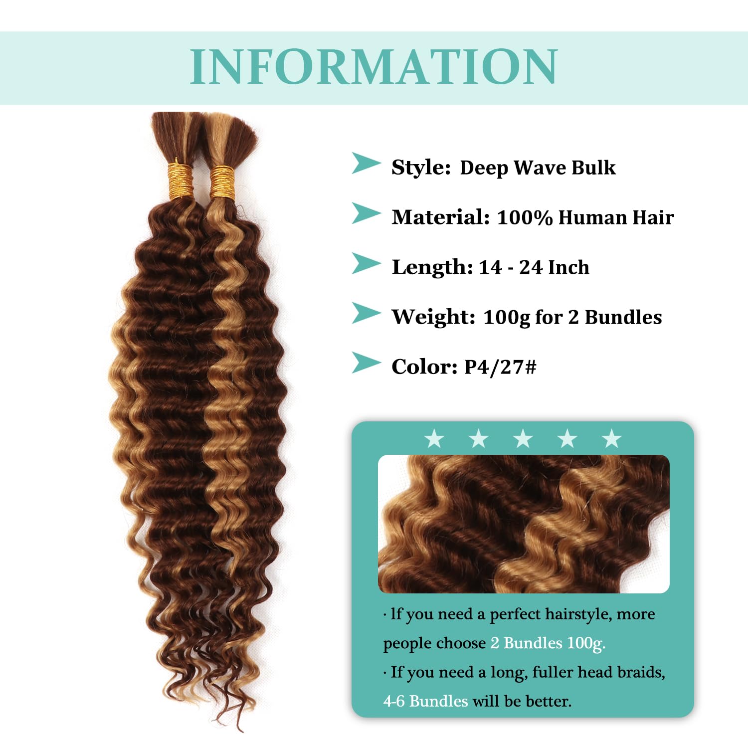 Boho Braids Human Hair Extensions 100g 2 Bundles No Weft Human Braiding Hair for Knotless Braids Wet and Wavy Deep Wave Bulk Human Hair For Women (P4/27# - Image 3