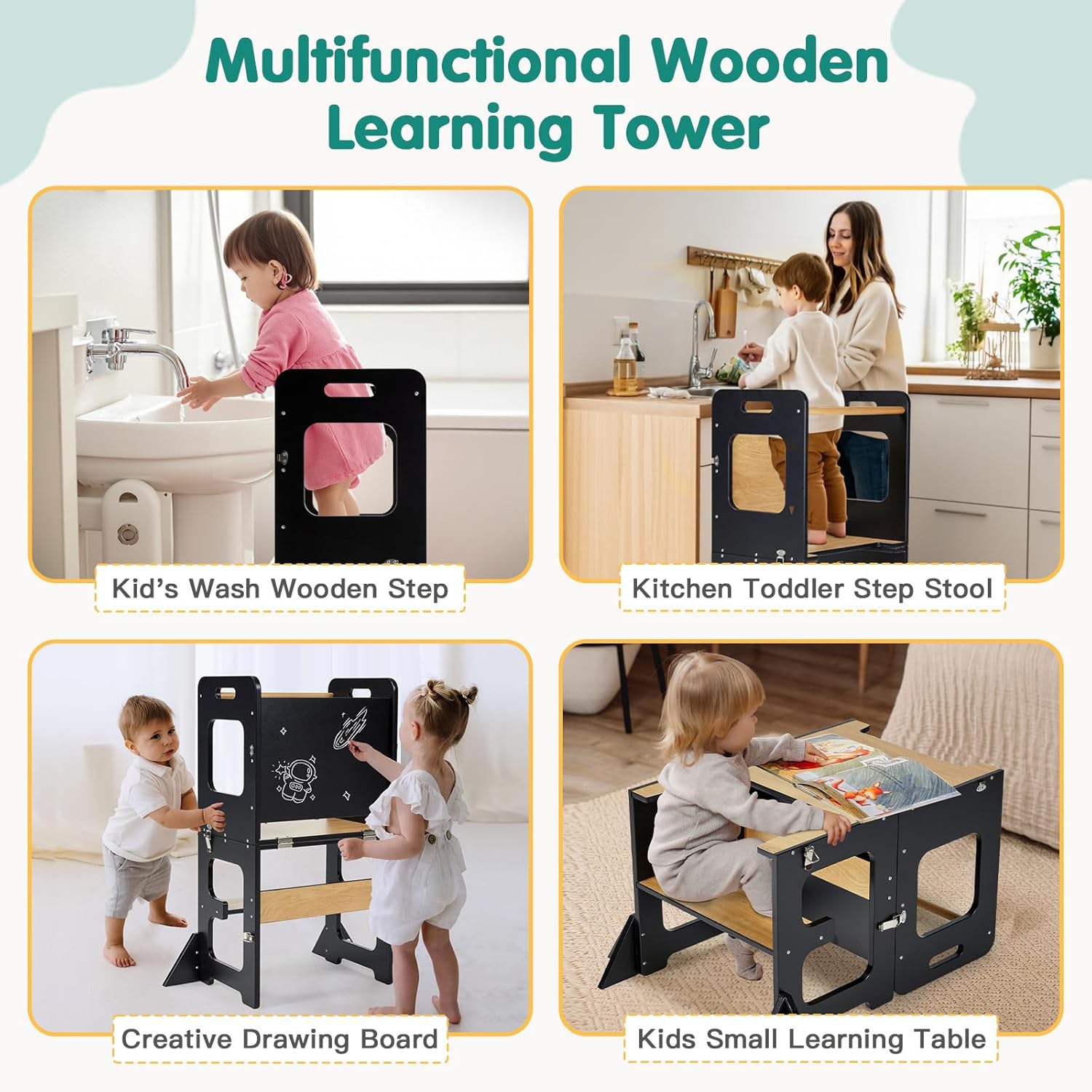 Toddler Kitchen Tower, Learning Standing Tower, 2-in-1 Kitchen Black Wooden Stool Helper with Chalkboard Montessori and Waldorf Helper for Kids in Kitchen - Image 4