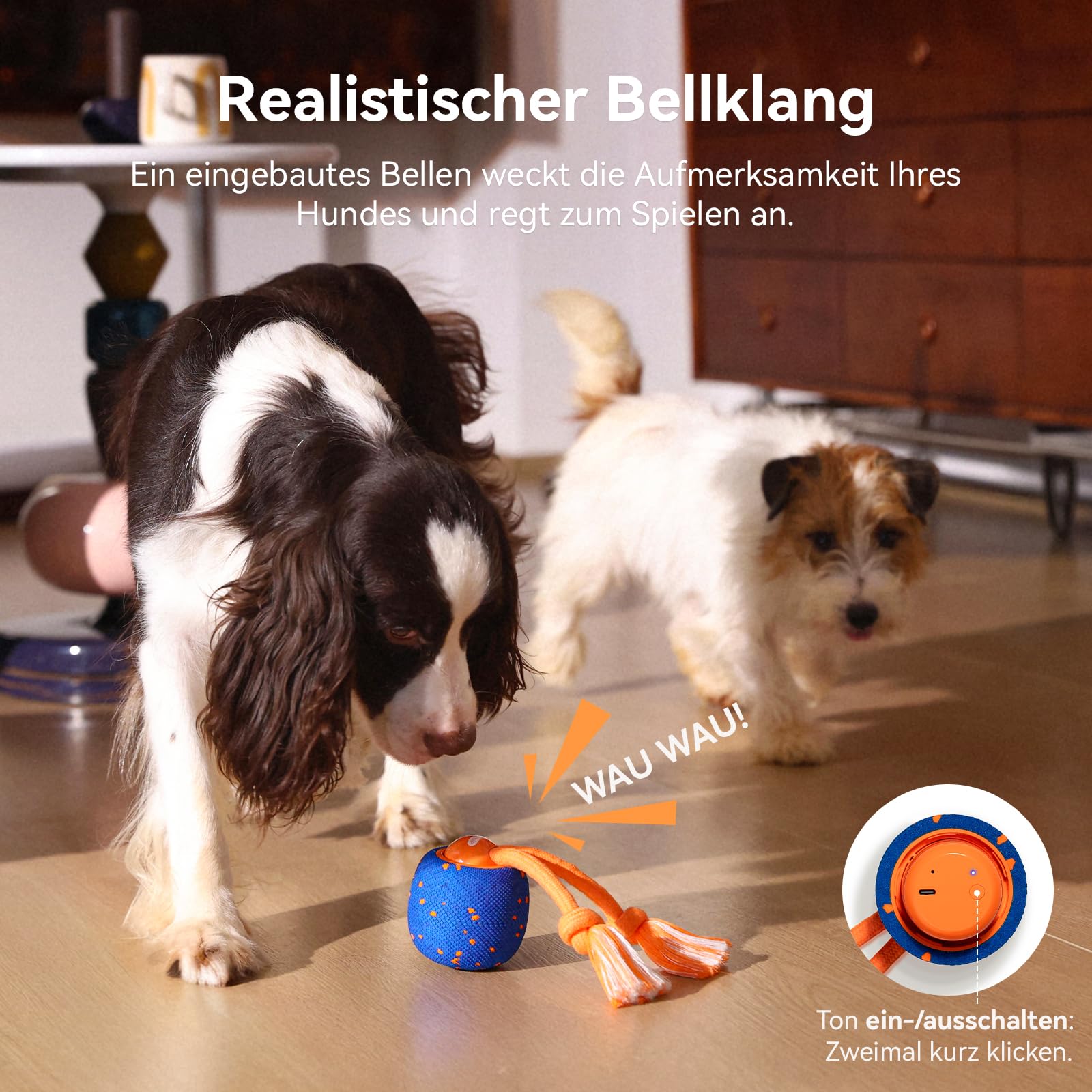 Cheerble Interaktiver Hundeball - Wicked Ball Rolly mit Seil & Bellen, Intelligentes Interaktives Hundespielzeug mit 3 Spielmodi, E-TPU, USB-C aufladbar, Geeignet für kleine bis große Hunde, Blau