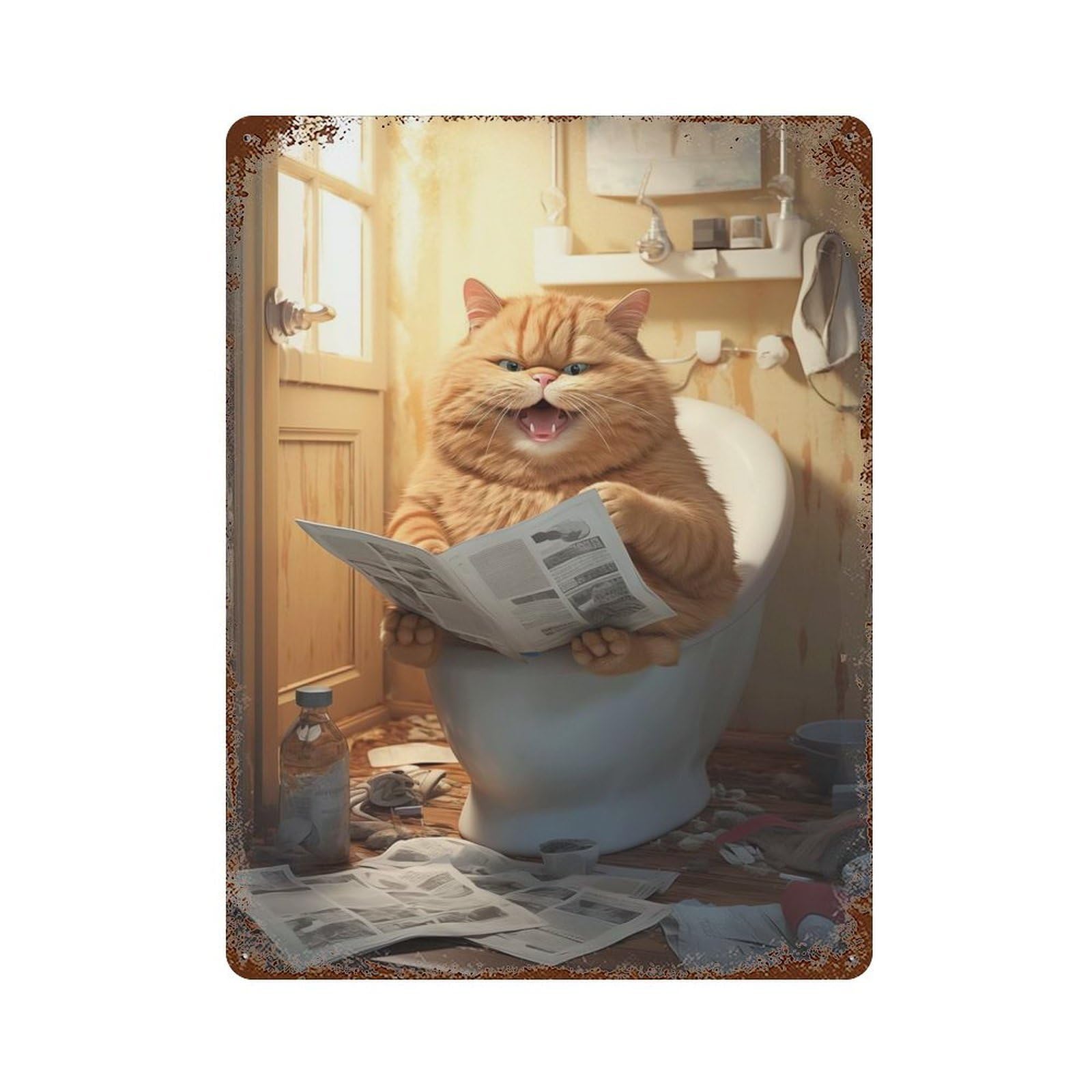Rust Effect Cat Reading Newspaper on Toilet Aged Metal Wall Plaque 15.7"x11.8", Rustic Home Decor for Bistro, Counter And Cafe Decor