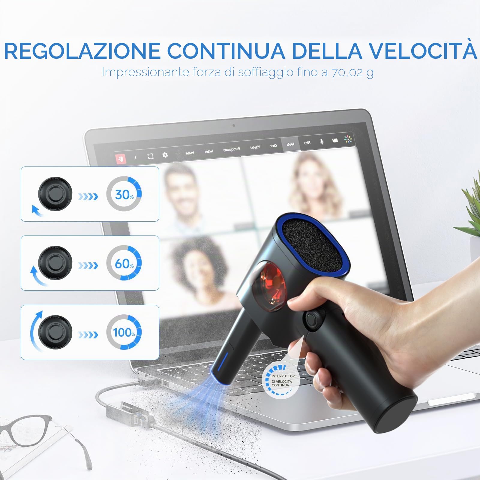 ATEngeus Elettrico Rimuovi Polvere Aria Compressa, Spolverino Elettrico a velocità Continua con Custodia, Spolverino ad Aria Senza Fili con LED, Soffiatore per Auto, PC, Casa