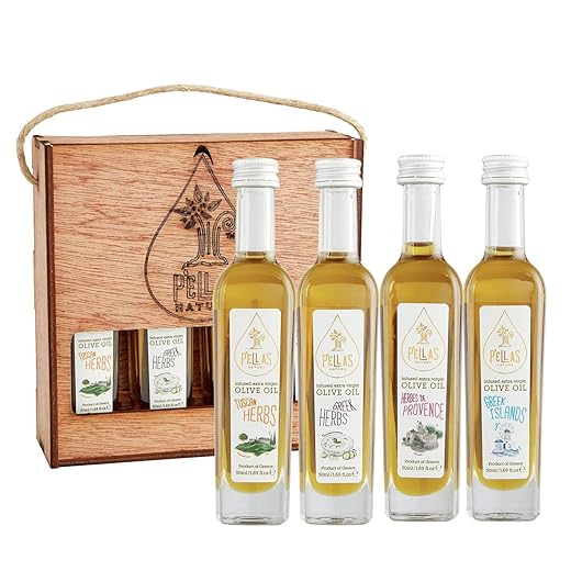 Pellas Nature, Award Winning, Italian, French and Greek Herbs Infused Extra Virgin Finishing Olive Oil, Wooden Set All-Natural No-Additives 4 X 50 ml (1.7 oz) bottles