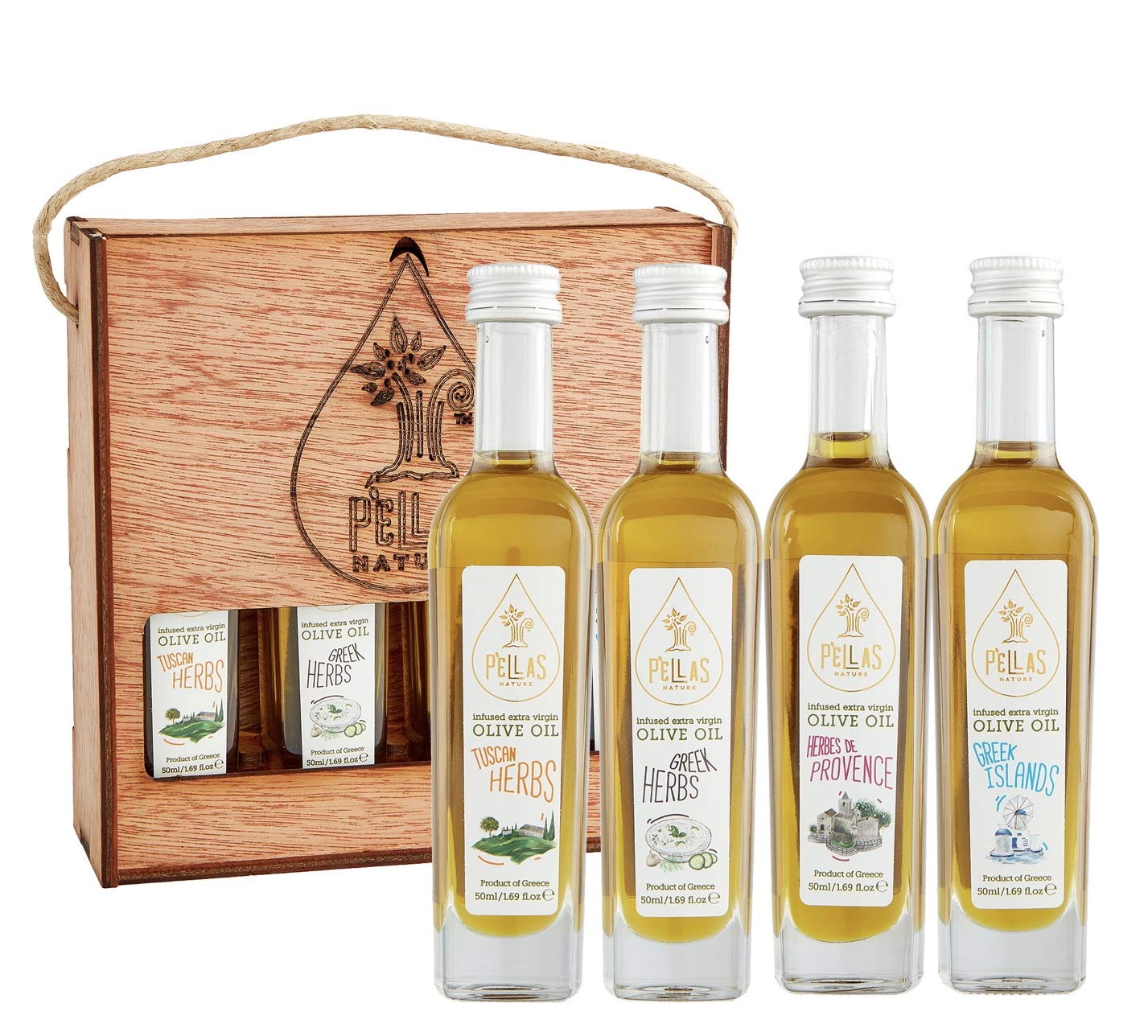 Pellas Nature, Organic Greek and Tuscan Herbs Infused Extra Virgin Olive Oil, Award Winning Finishing oil, Wooden Gift display, 4 X 50 ml (1.7 oz) bottles