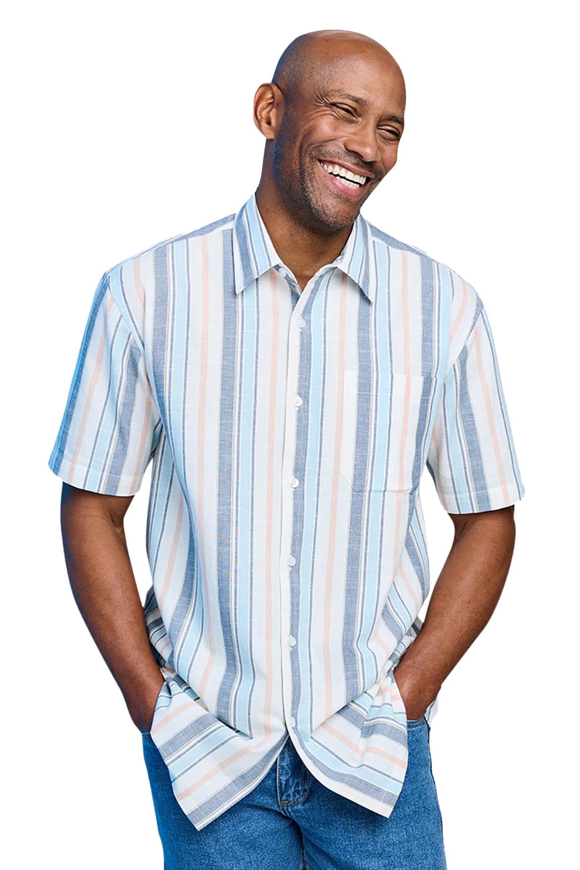 Pegasus Men's Short Sleeve Stripe Shirt – 100% Cotton, Yarn Dyed, Chest Pocket, Comfort Fit, Sizes M-4XL White 3XL