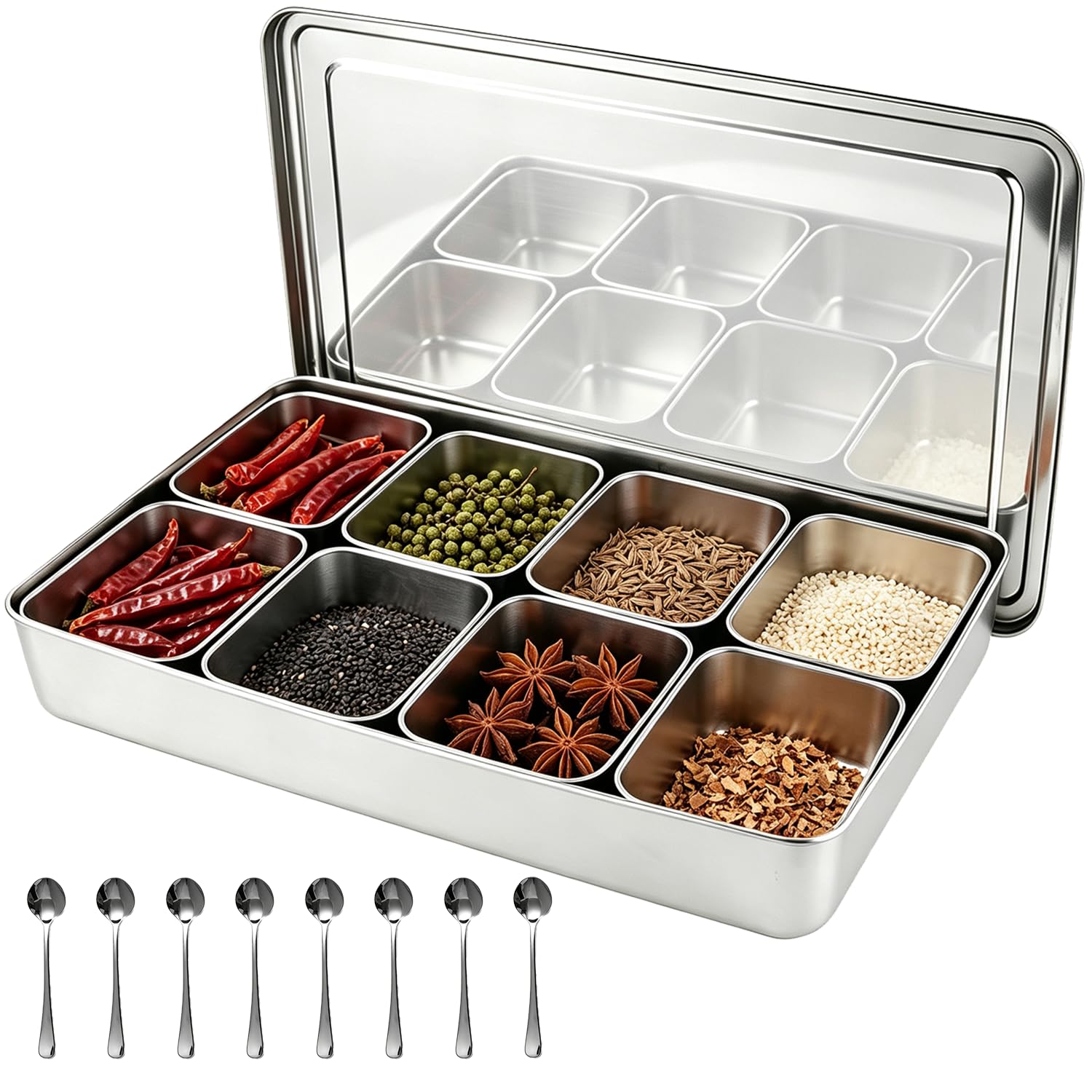 8 Gitter Zutatenbehälter Edelstahl 304, Set mit Herausnehmbaren Boxen & Deckel, 8 Löffel Inklusive, Topping Station für Pizza & Gewürze, Leicht Zu Reinigen, Küchen und Restaurantzubehör, 45x30x7cm
