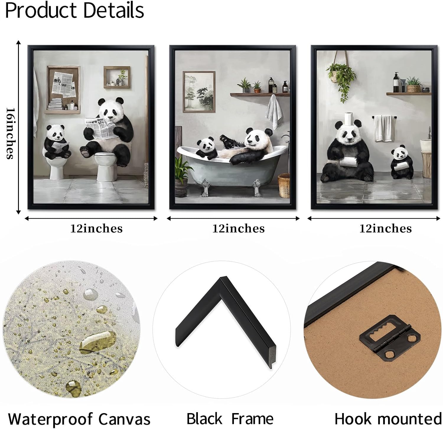 OuElegent Funny Animal Bathroom Wall Decor Animal Bathroom Pictures Panda Wall Art, Set of 3 Black Framed Prints, Black and White Decor, 12 x 16 inches x 3 - Image 6