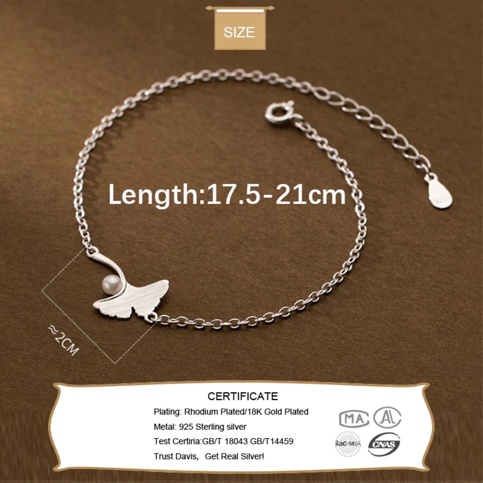 Vero Braccialetto in Argento Sterling 925 per Le Donne, Matrimonio, San Valentino, Dolce Ginkgo Biloba, Braccialetto con Foglie