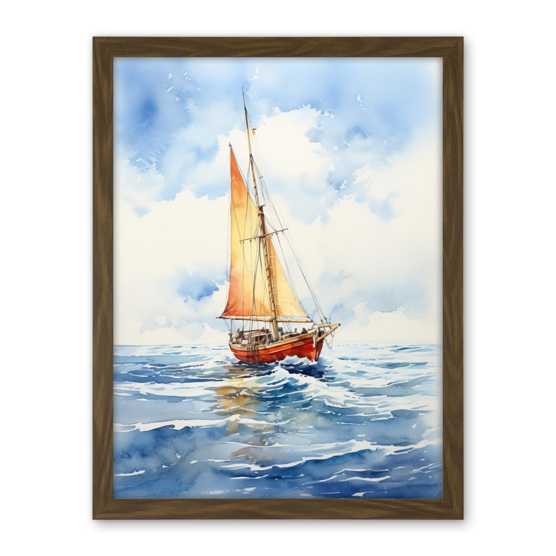 Artery8 Orange Sailing Boat Watercolour Painting Bathroom Artwork Sail at Sea Seascape Artwork Framed Wall Art Print 18X24 Inch