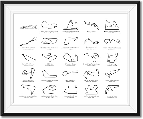 F1 Race Track Poster intended for Formula 1 Racing Fans for 2023 Circuits Gift Print Wall Art Handmade Decor Landscape White, 8x10" Satin Print