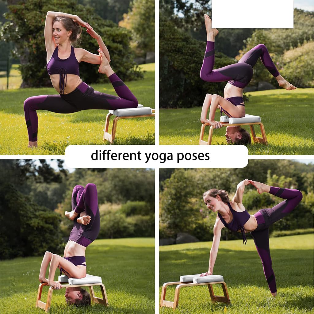 Panca per Verticale per Yoga,Struttura in Legno Massello di Faggio,Sedia per Inversione Yoga con Cuscino Spesso,Panca per Verticale con Piedi Sollevati,Bianco