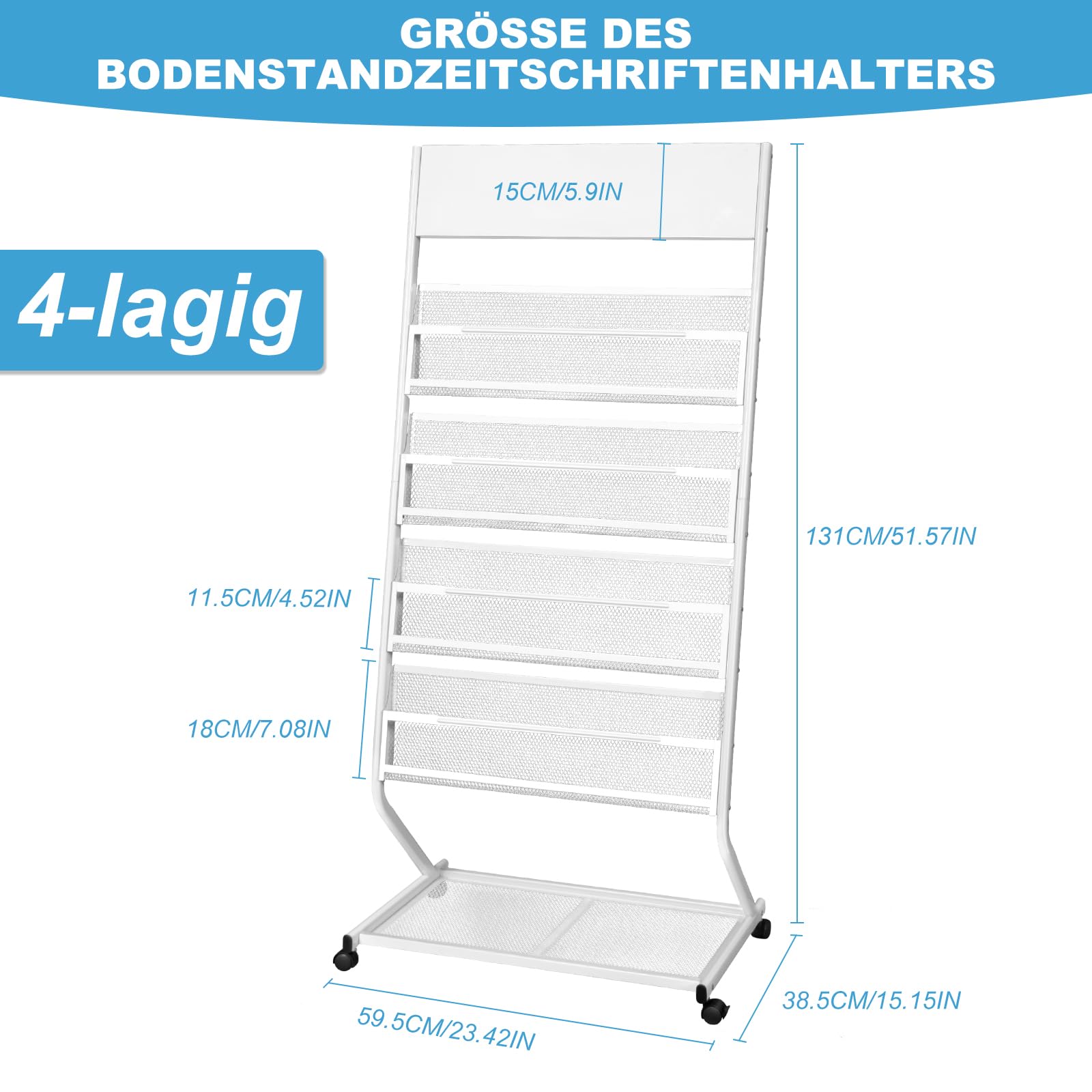 SUNDOY Prospekthalter & Zeitungsständer – Bodenstehend Schrägsteller Buchständer, Scrollen Literaturhalter für Broschüren & Magazine mit 4 Ablagen (Weiß, 4 Lagen, 59,5 cm breit)