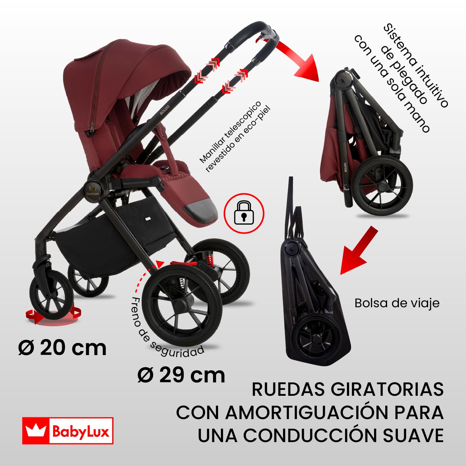 BabyLux® Carrito Bebe 3en1 BOLDO, Conjunto de Cochecito Ligero y Plegable | Incluye Capazo, Silla de Paseo, Portabebés i-Size, Bolso Cambiador y Más Accesorios, 0-22kg, Protección UV 50+,Ventilación