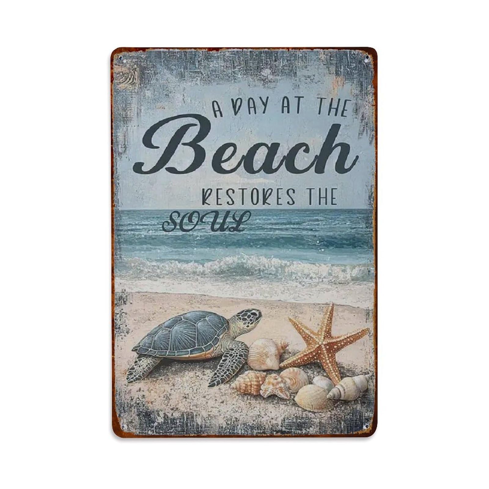 A Day at The Beach Restores The Soul Metal Tin Sign Vintage Garden Bedroom Cafe Bar Man Cave Home Wall Decor Metal Poster 8x12 in