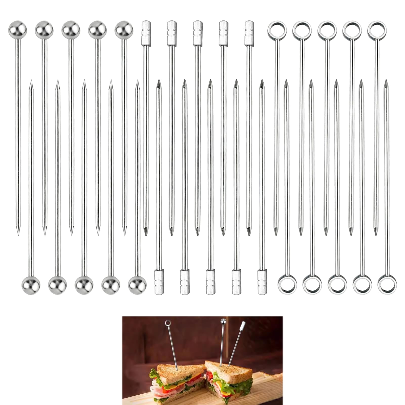 30 Pezzi Stuzzicadenti in Acciaio Inox, Bastoncini da Cocktail per Barbecue Snack, Decorazioni Bastoncini Frutta Riutilizzabili Spiedini Metallico, Accessori Feste e Eventi, Facili Pulire Riutilizzare