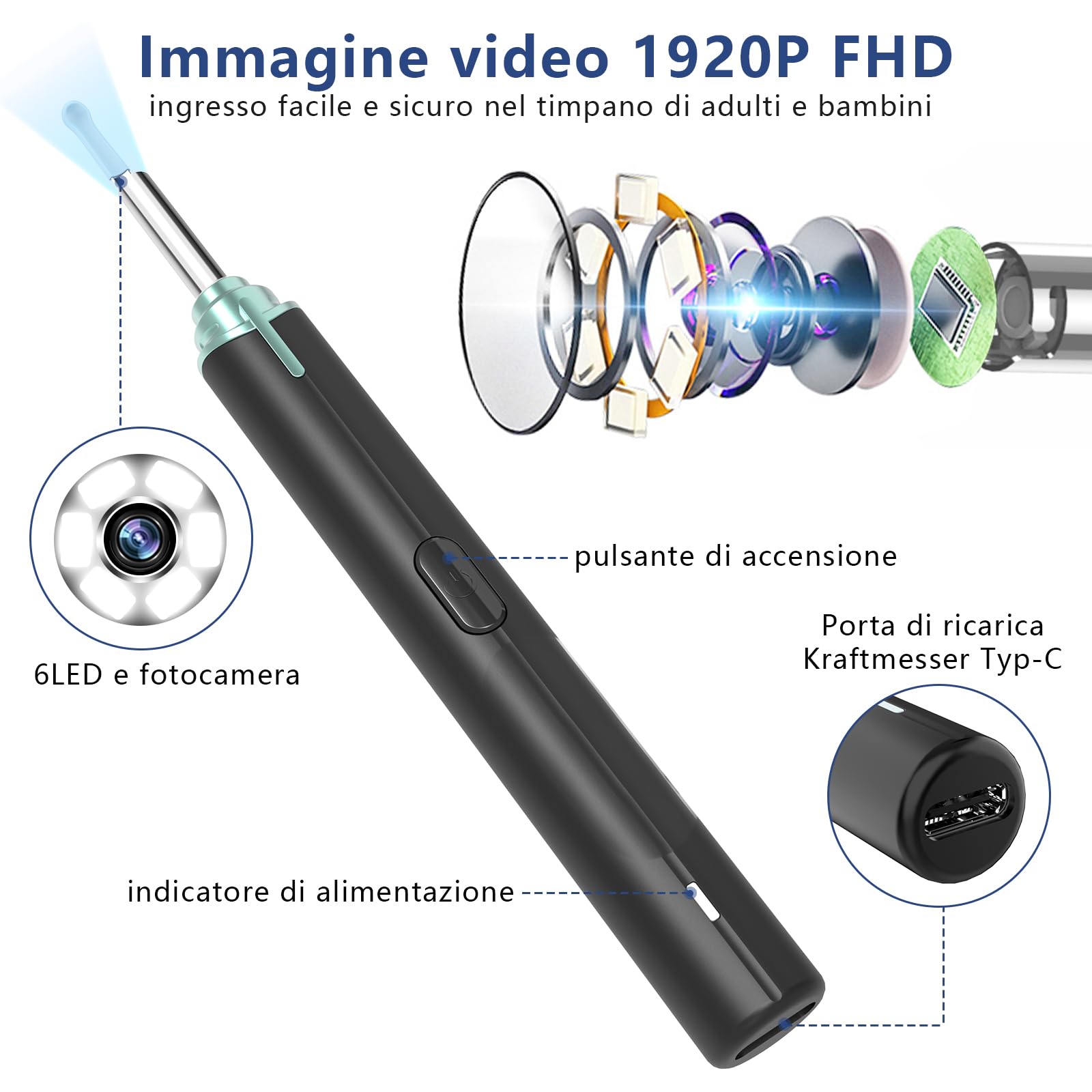 Pulizia Orecchie Otoscopio, Pulitore Orecchie 1920P HD E Connessione Wifi, Pulisci Orecchie Con 6 LED, IP67 Impermeabile, Compatibile Con iPhone/iPad/Android (Nero)