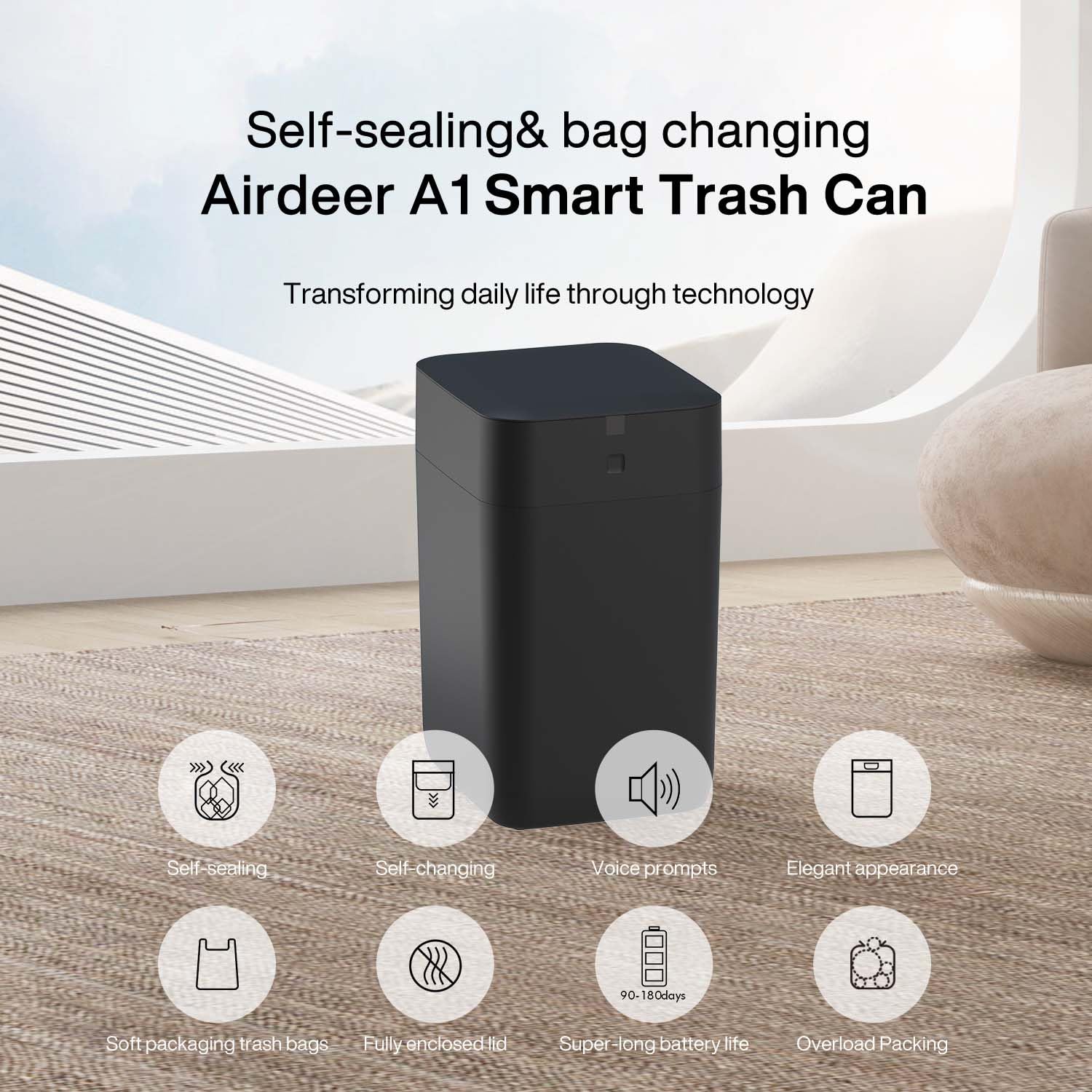 Airdeer Automatischer Mülleimer, selbstdichtender und selbstwechselnder intelligenter Mülleimer (A1, schwarz)