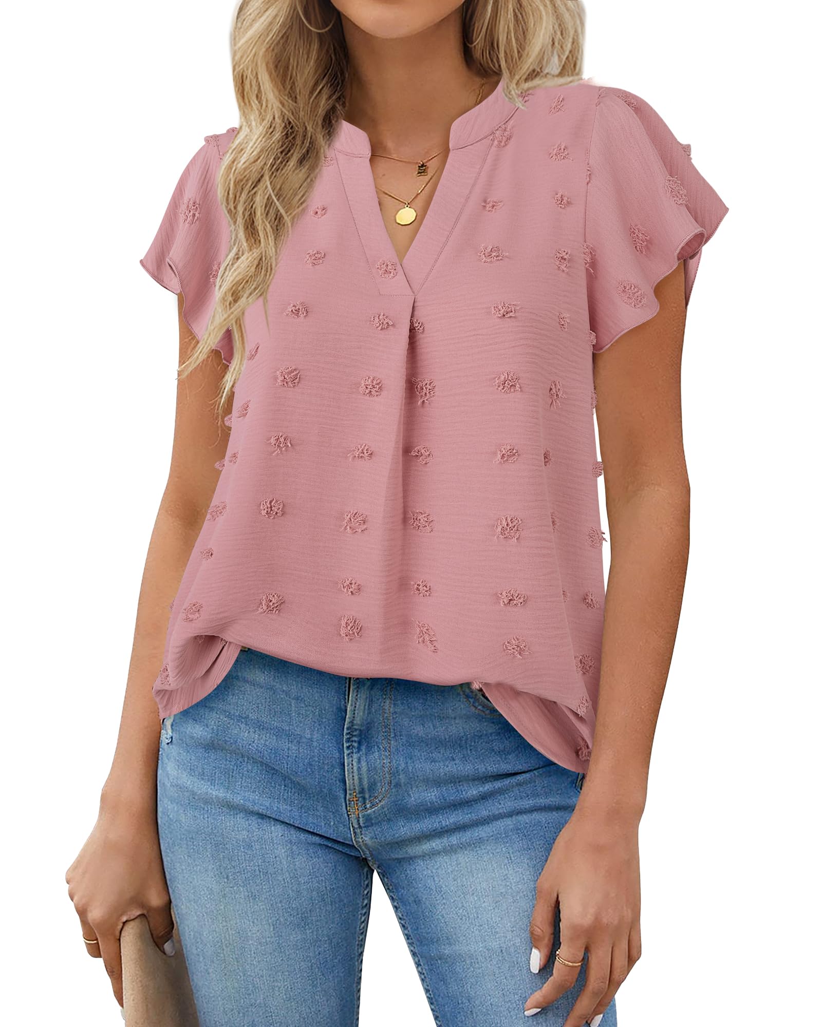 Gaharu Women's Notch V Neck Short Sleeve Chiffon Shirts Casual Lace Blouse Top