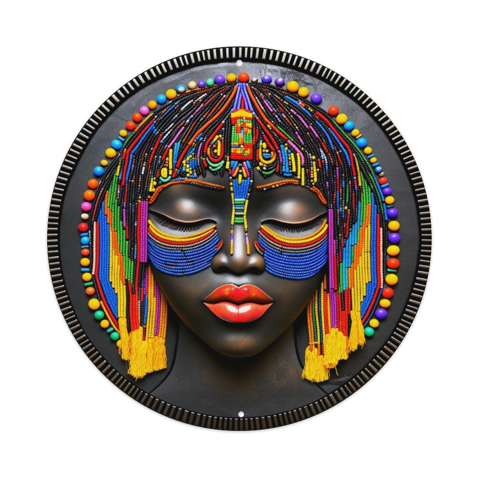 Colorful Beaded Tribal Art Face Round Tin Sign Vintage Metal Poster, Home Bar Garage Man Cave Cafe Indoor & Outdoor Wall Decoration 8x8Inches