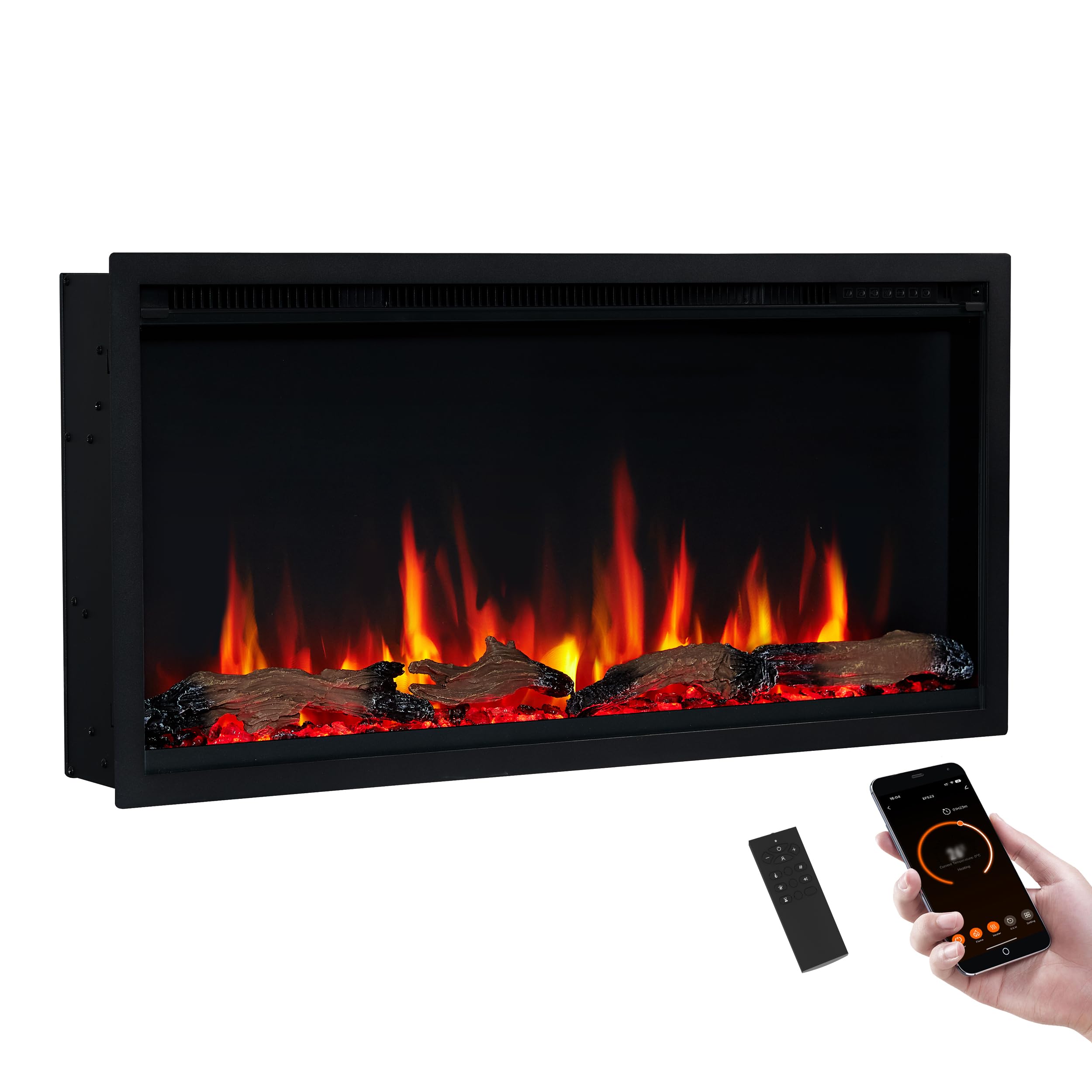 PuraFlame Herman 36 Inch Smart Linear Electric Fireplace - Premium Flame with 9 Colors, Clean Design, Recessed in-Wall or Wall-Mount or Free Standing, Compatible with Alexa and Google Assistant