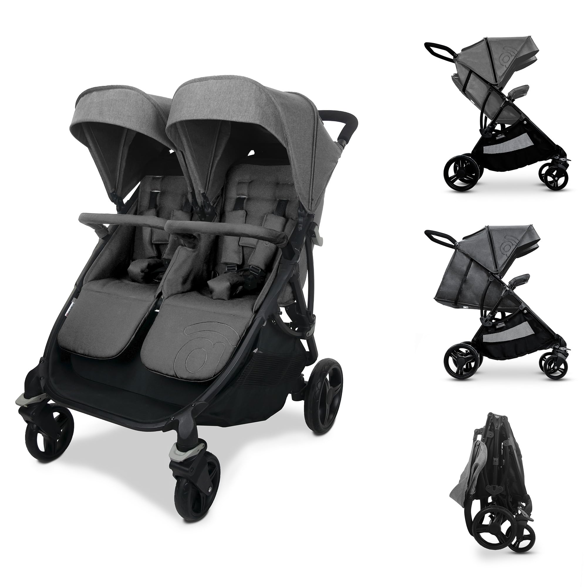 Asalvo DOBLE BRO Silla paseo Gemelar, Carrito Doble, Reclinable y Plegable, Silla para Gemelos y Hermanos, Ligera, Compacta, Desde Nacimiento hasta 22 kg, Carga máx 46,5 kg, Capota con Ventana, Gris
