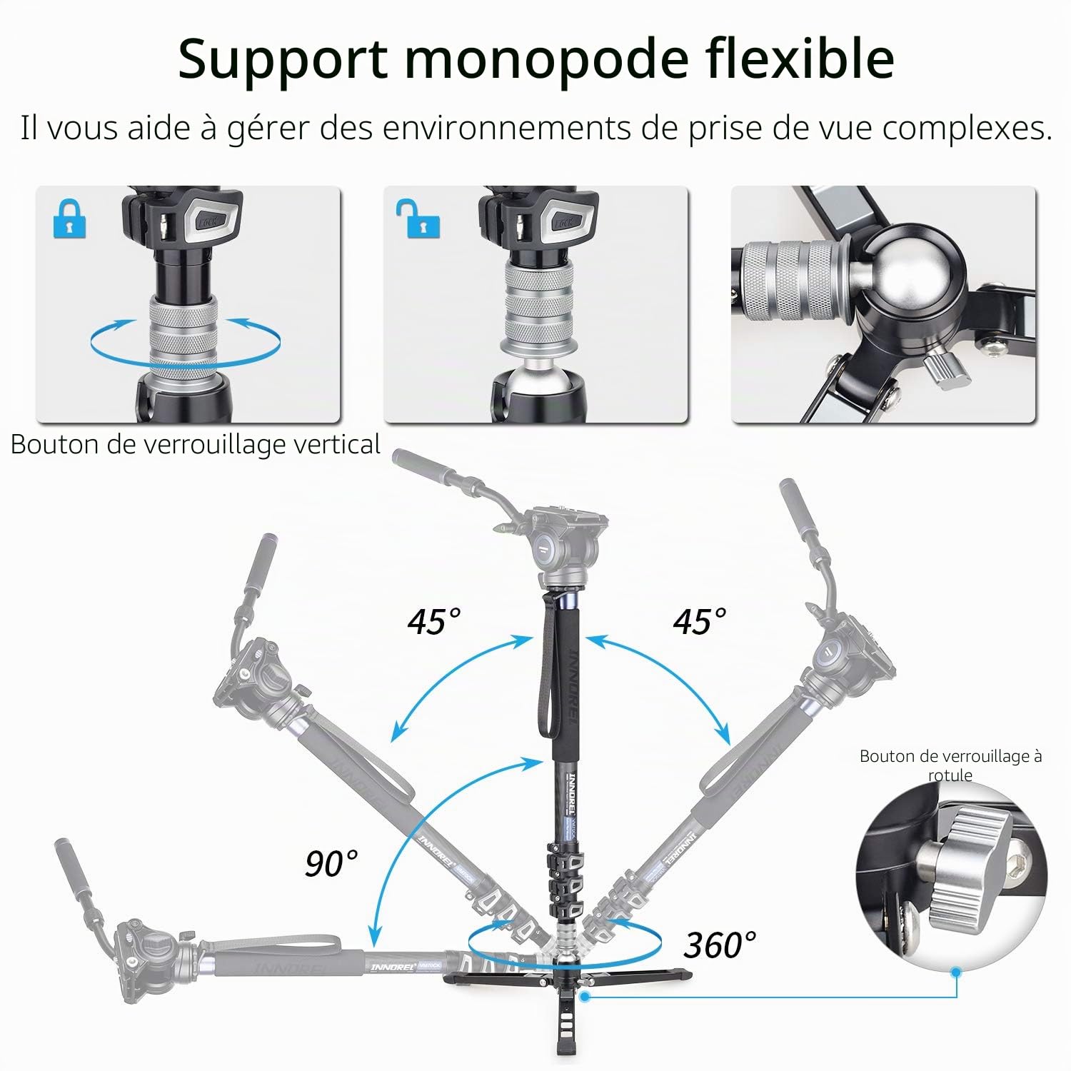 INNOREL VM70CK Monopode en Fibre de Carbone pour Caméra Télescopique avec Tête Fluide et Base Tripode Pliable