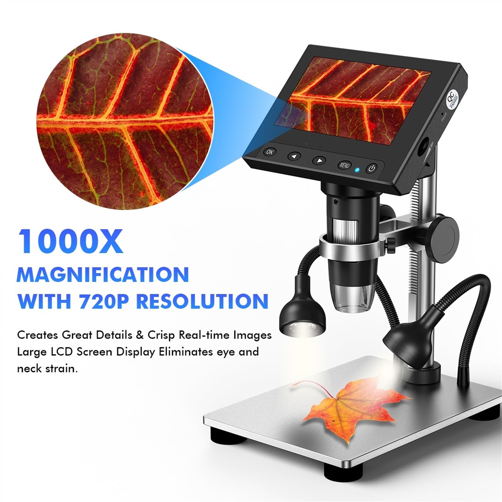 Microscopio Microscopio Digitale LCD 1000X 4.3 con Luci Laterali a LED, Microscopio Elettronico for Foto/Video con Supporto in Metallo