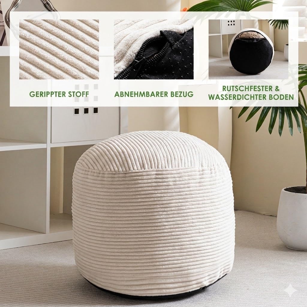 HIGOGOGO Stilvoller Fußhocker 50 cm, Cord-Pouf, 2-in-1 für Wohnzimmer, Beige
