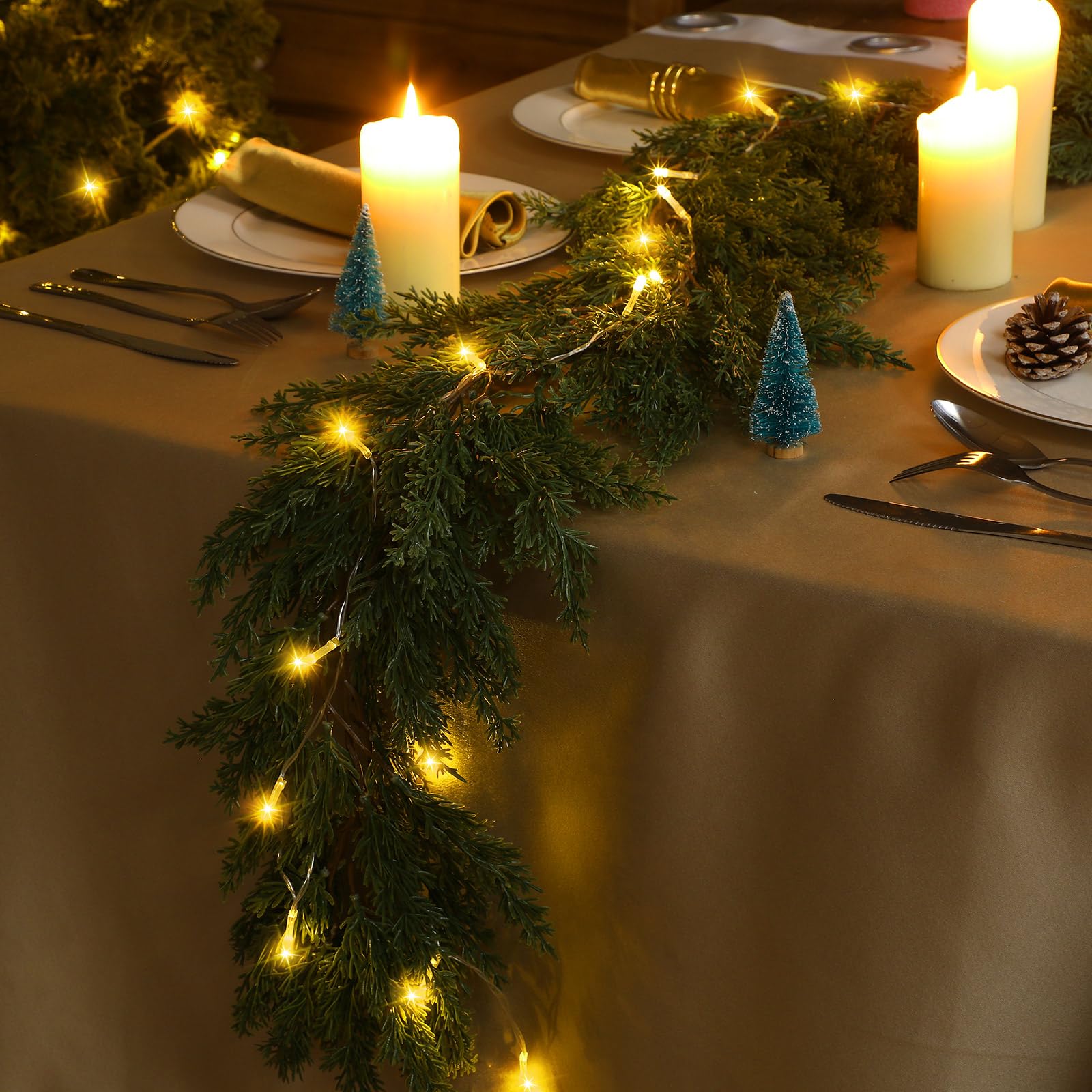 Hotop Prelit Christmas Cedar Garland with Lights Christmas Lighted Pine Garland Real Looking Mantle Greenery Garland Realistic Xmas Tree Decorations (1 Set,12ft Garland, 13ft LED Light)