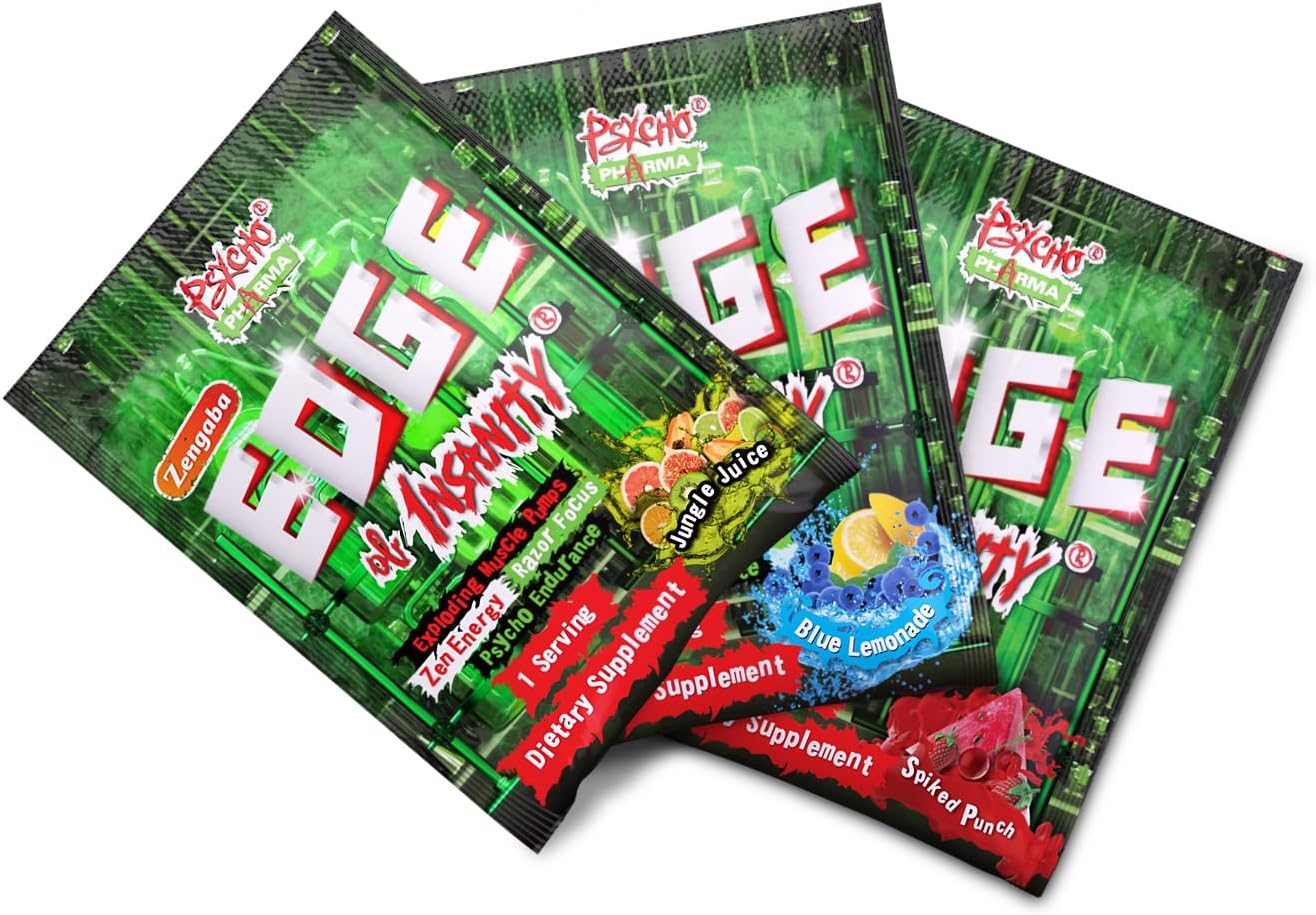 Psycho Pharma New Perfect Powders with Zengaba Energy Feel Good Focus #1 Strongest PWO Edge of Insanity - Most Intense Workout Powder for Focus, Strength & Energy (Sample 3 Pack)