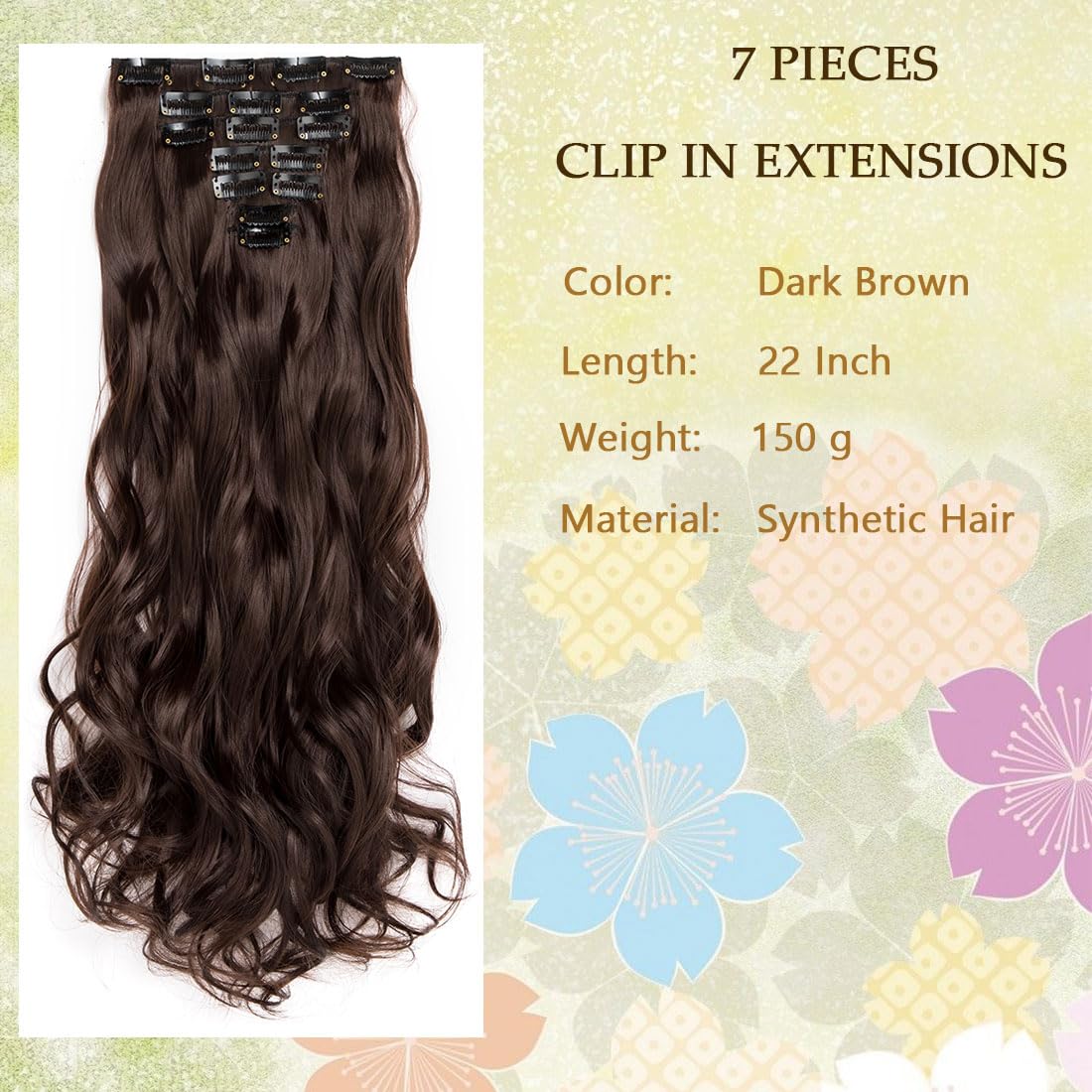 Swy Hair Clip in Hair Extensions Body Wave 22 inches 7Pcs 150g Straight Hair Synthetic Hair Extensions (W-Dark Brown, Wavy) - Image 2