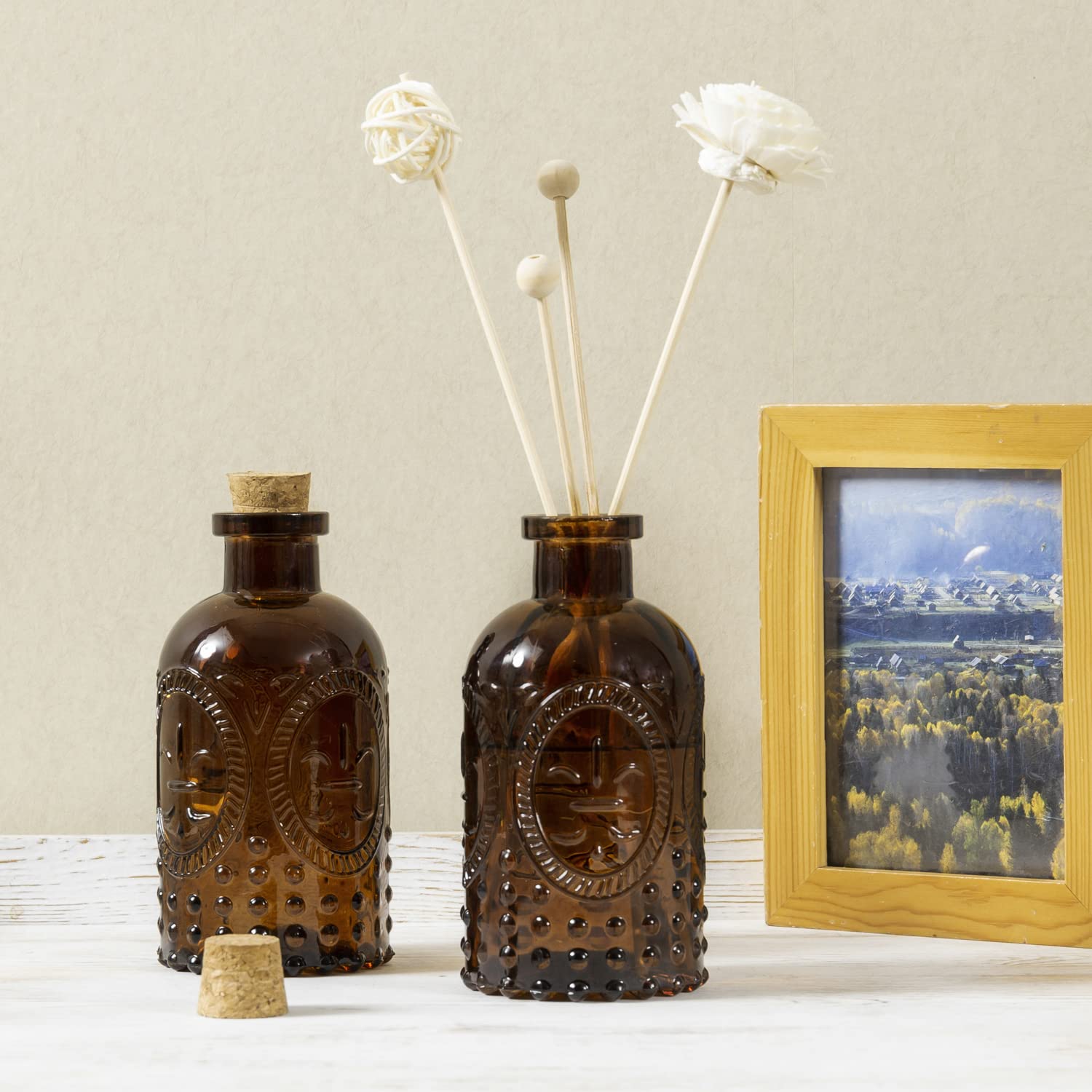 6 Stück Vintage Glas-Diffusorflaschen – Mit Korkdeckel, Schilfrohr-Stäbchen & Deko – Für Aromatherapie, Getränke Oder Als Vasen