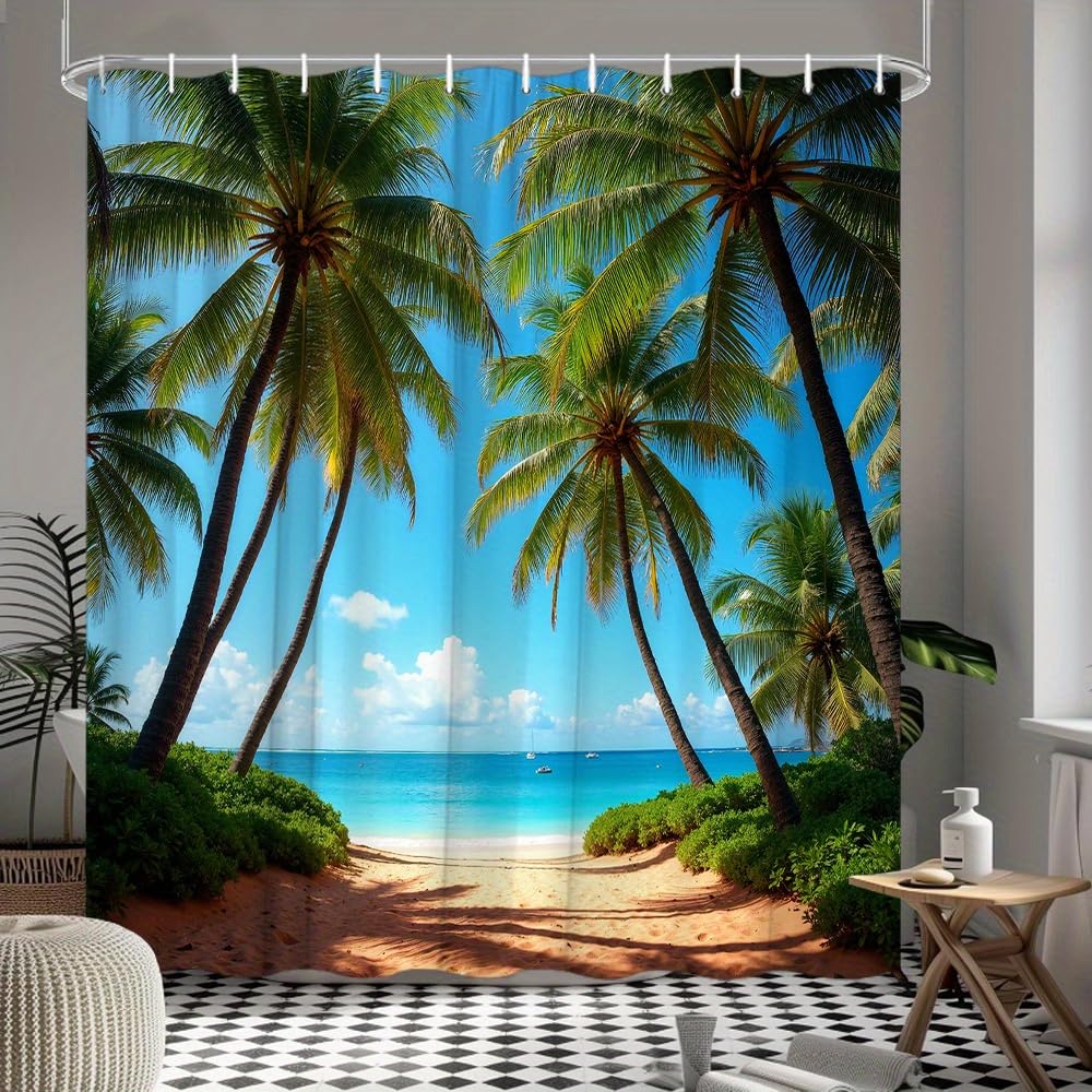 GLWDMB 1 Piece 150x180CM Tropical Palm Trees Printed Shower Curtain With Hook, Polyester, for Windows And Walls, Bathtub, Bathroom, Machine Washable, All Season Universal