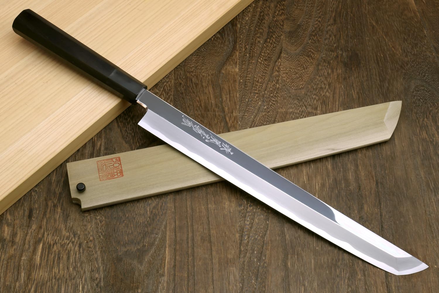 Yoshihiro Aonamiuchi Blue Steel #1 Mirror Polished Sakimaru Takobiki Sushi Sashimi Japanese Knife Ebony Handle (10.5'' (270mm))