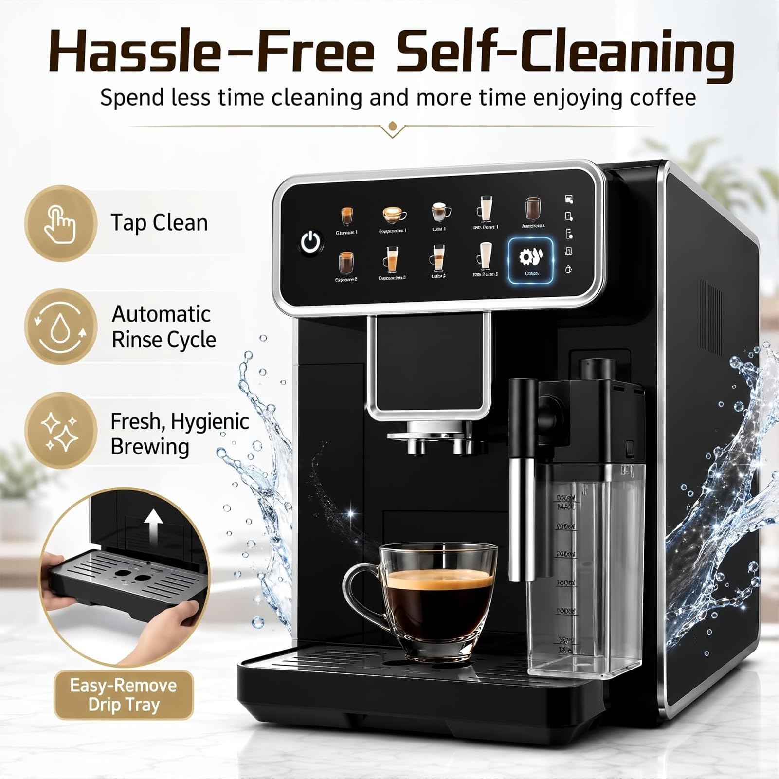 Máquina De Café Espresso Con Bomba De 15 Bares Y Espumador De Leche Con | Cafetera Espresso Automática Con Molinillo De Granos Calentamiento De 1350W Depósito De Leche Sistema De Limpieza(A)