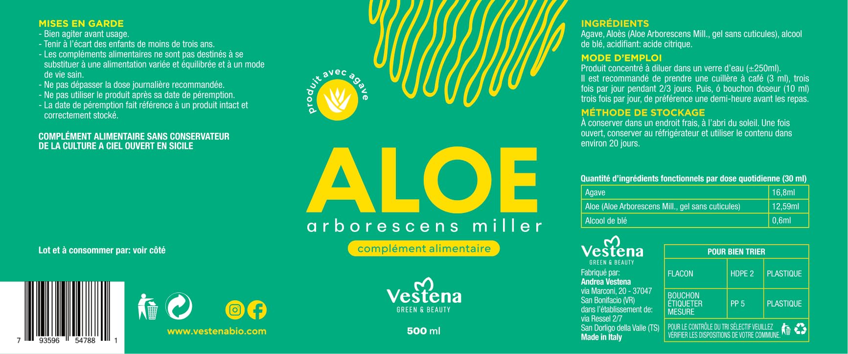 Vestena - Aloe Arborescens avec Agave 100% Pur, Naturel - Recette Père Zago. Jus Détox Naturel pour Foie et Intestins, Drainant Puissant Minceur - 500 ml - Made in Italy