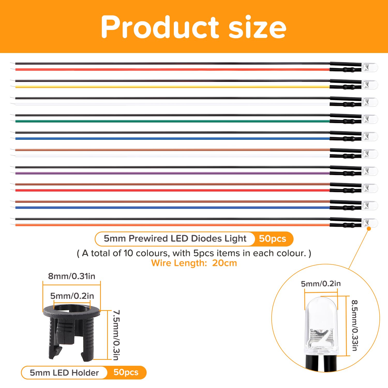 50 Pezzi 5mm 12V Diodo LED Precablata 20cm con Supporto Plastica, 10 Colori