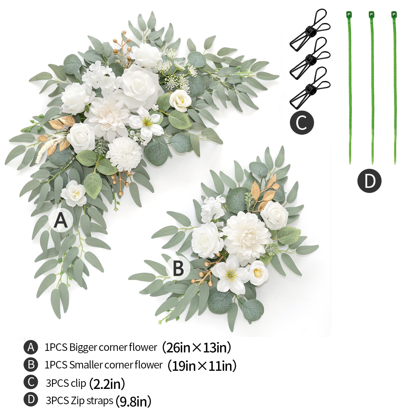 Kunstblumen-Girlande, 2 Stück, für Hochzeit, Willkommensschilder, Blumengirlande, Hochzeitsempfang, Zeremonie, Schilder, Dekoration (A-Weiß)