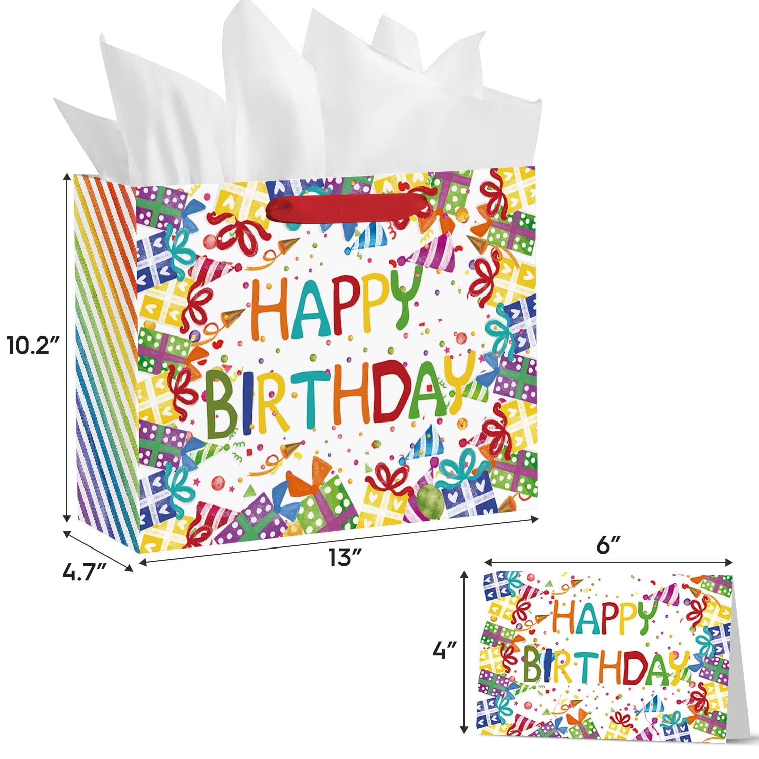 Horaldaily 13" Large Birthday Gift Paper Bags with Tissue Paper and Card, Happy Birthday Ballons Gift Paper Bag for Men Women Kids Birthday,1Pcs