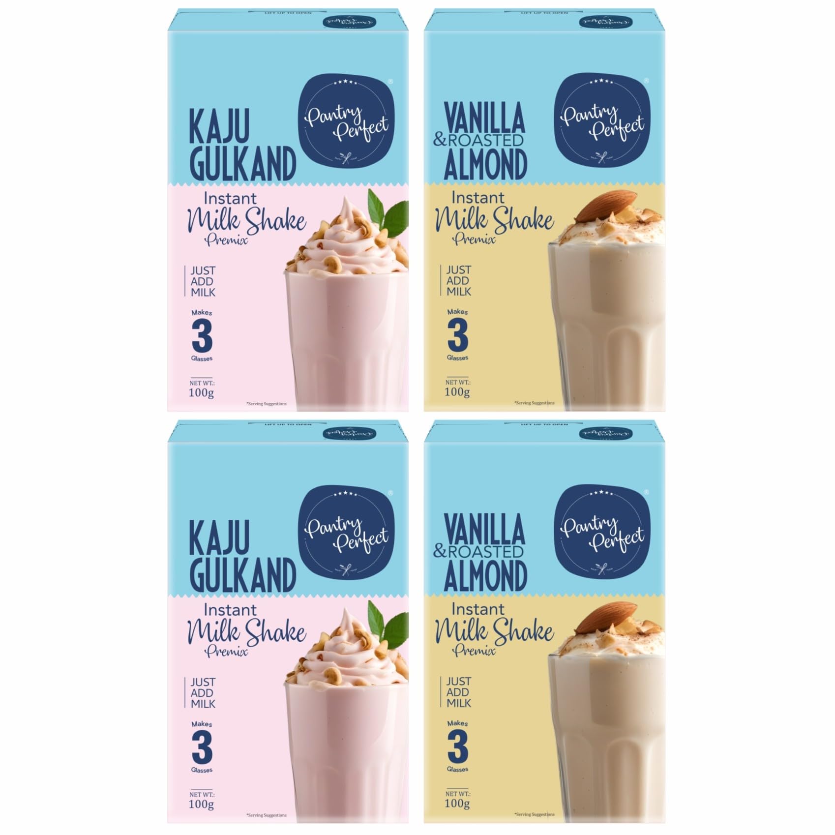 Pantry Perfect Kaju Gulkand & Vanilla & Roasted Almond Milkshake Premix - Pack of 4 (Each 100g) I Instant Drink Mix I Make Thick & Smooth Texture Milkshakes I Milkshake Powder-image-7