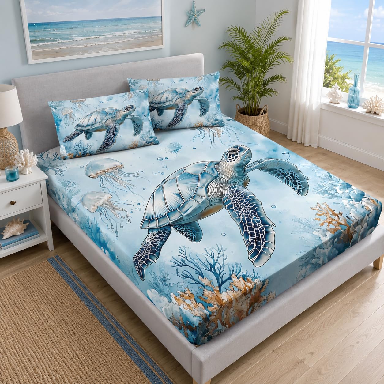 Blue Sea Turtle Bedding Sets Queen Size,Jellyfish Waterweed Pattern Fitted Sheet Set for Kids Boys Girls Room Decor,Ocean Themed Bedding Sets,1 Fitted Sheet+2 Pillowcases.