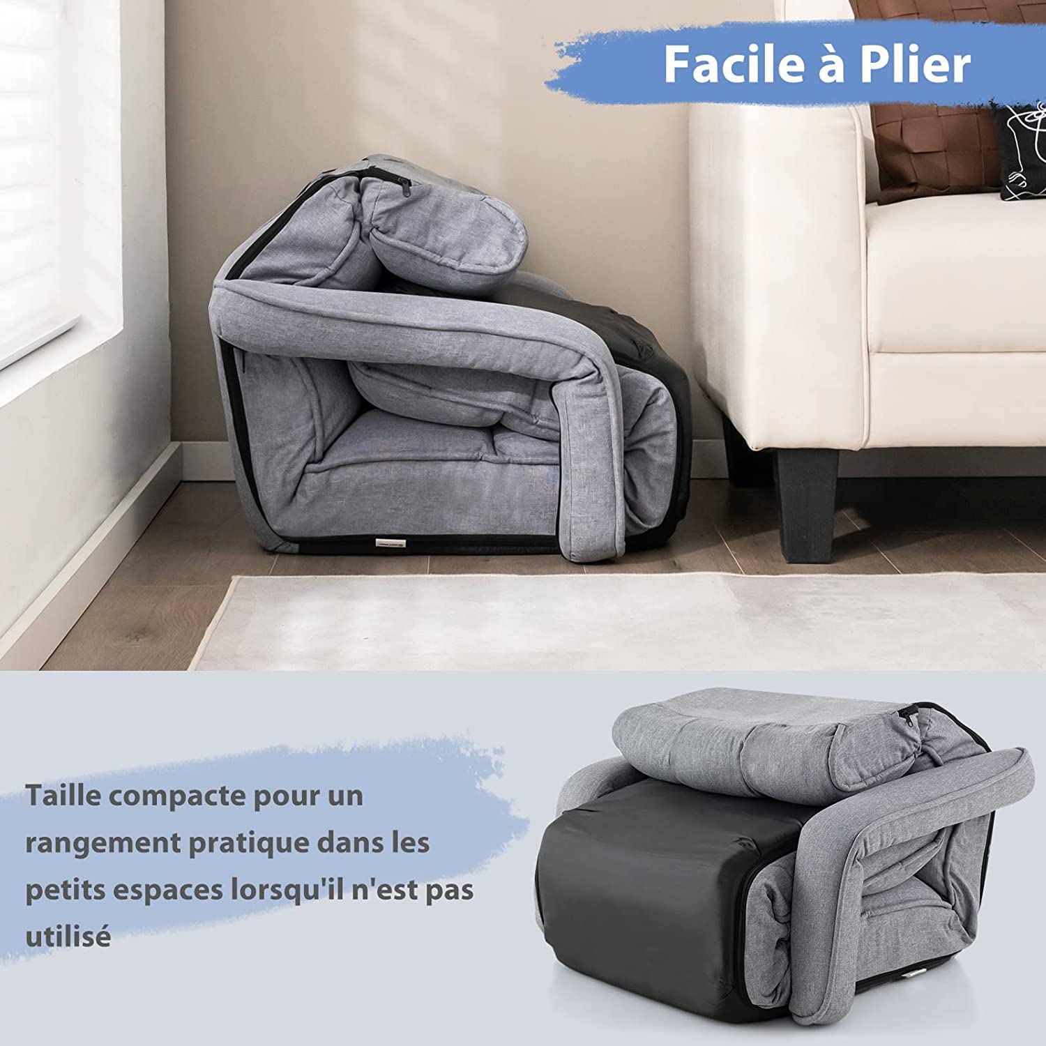 RELAX4LIFE Chaise Paresseuse Rembourré avec Dossier 90°-180°et Oreiller, Fauteuil au Sol Pliable en Surface Suède, Convient au Bureau, Lire, 196 x 72 x 20CM