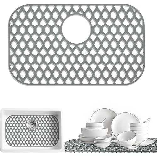 Sink Protectors for Kitchen Sink, Kitchen Sink Accessory - Silicone Mats Grid for Stainless Steel Strainer Bottom of Farmhouse Porcelain sinks (22”x13”, Rear Drain)