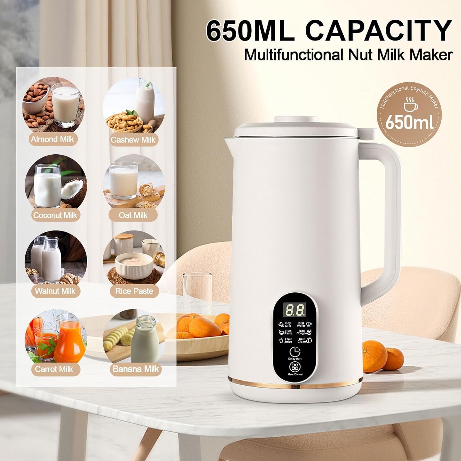 Automatyczna maszyna do produkcji mleka sojowego, 650 ml maszyna do produkcji mleka orzechowego z rezerwacją do 12 godzin, samoczyszcząca, redukcja hałasu, inteligentne menu, maszy