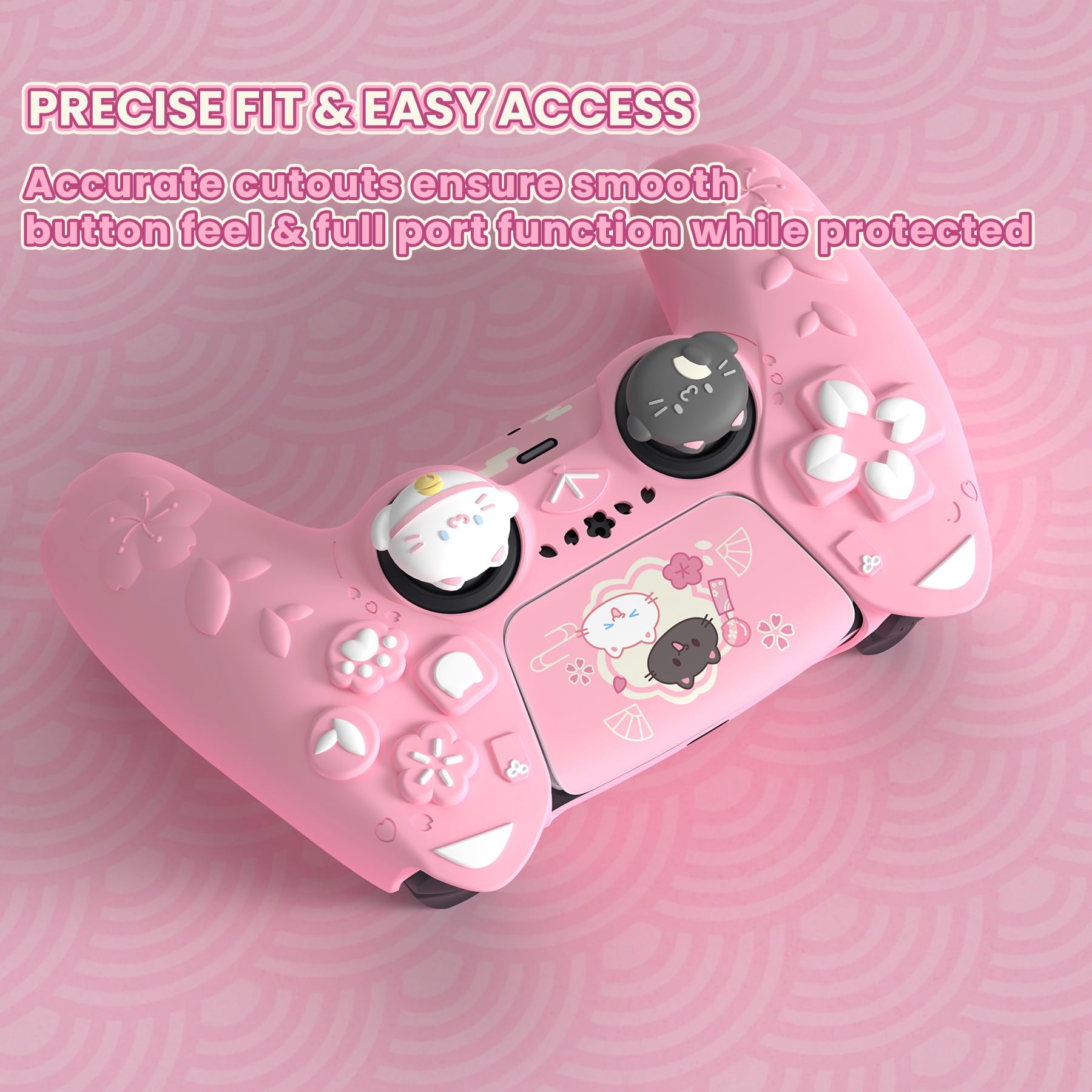 PlayVital Funda de Silicona para ps5 Mando - Protector Antideslizante con Tapas para Joystick y Pegatina, Cubierta de Goma Suave, Accesorios para ps5 - Diseño Gatito Lindo (Rosa)