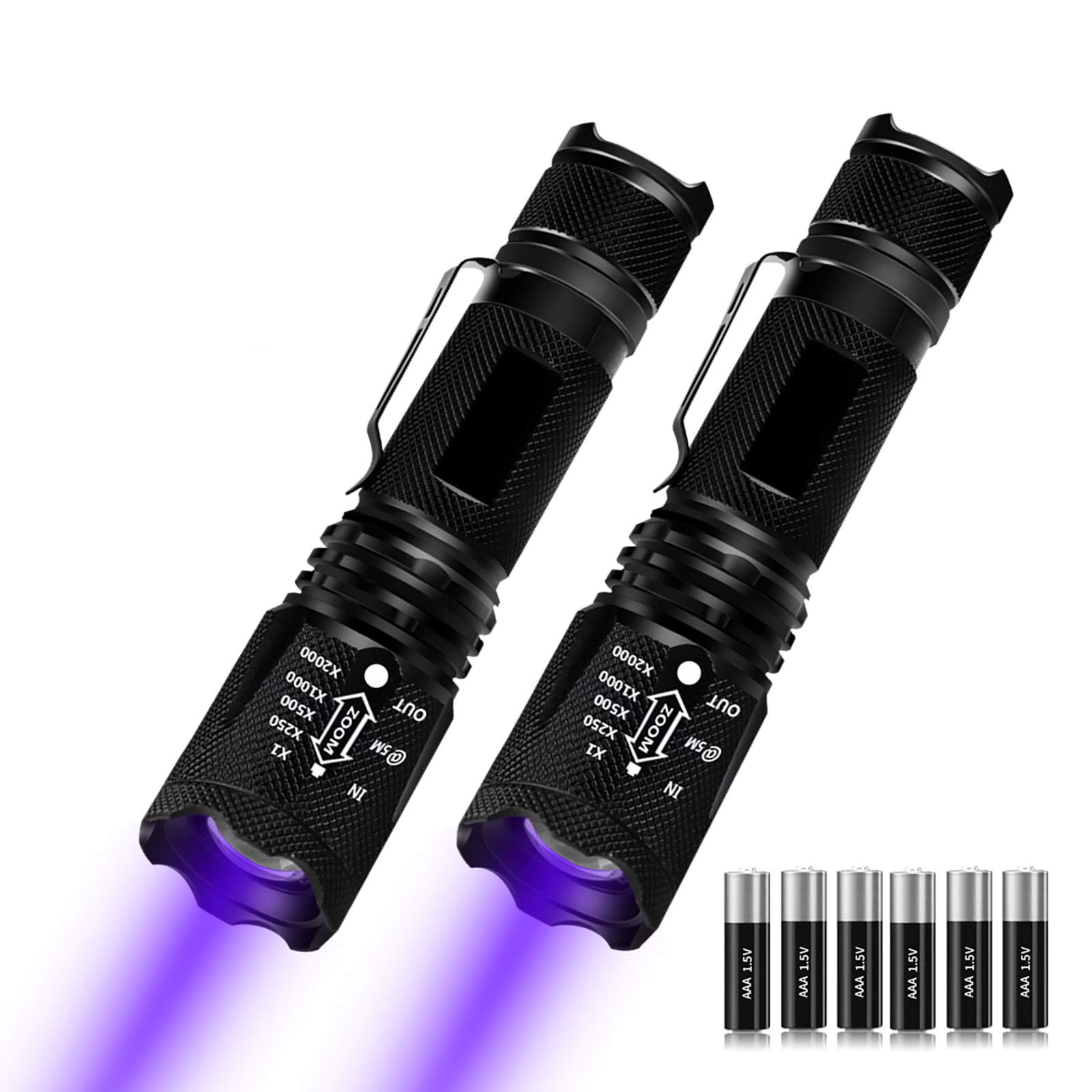 morpilot 2 in 1 UV Torch, 2 pcs UV Light LED Torch Black Light Torch, 395nm, Super Bright White Light, 500 Lumens, 4 Modes, IPX4, Adjustable Focus, Detector of Pet Urine and Banknotes (INCL. Battery) [Energy Class A++]