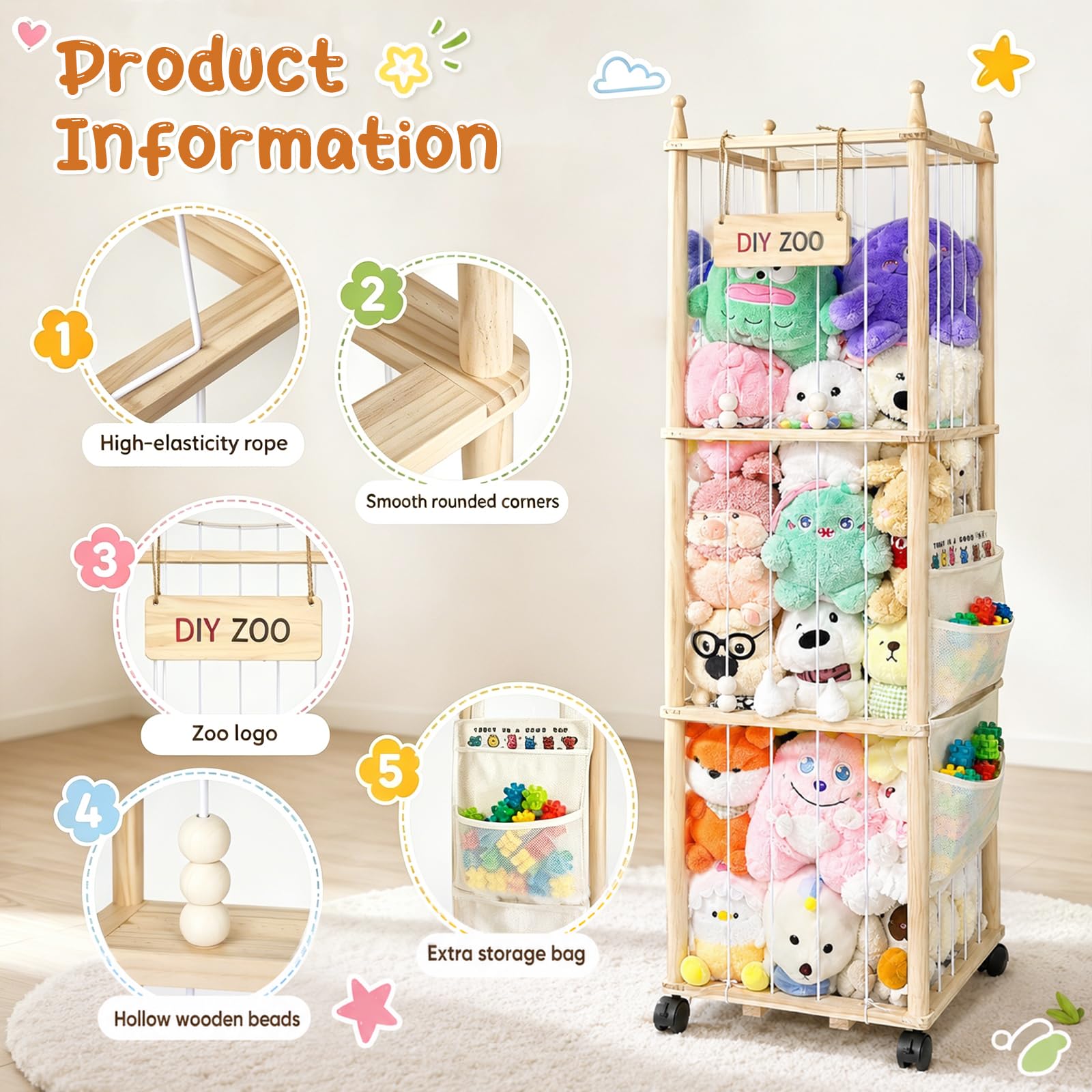 Porta Peluche in Legno Massello, Portapeluche con Ruote Frenate a 360°,138 * 40 * 40cm, Conserva e Protegge i Peluche, per le Camere dei Bambini, le Sale Giochi, i Soggiorni Con borsa portaoggetti