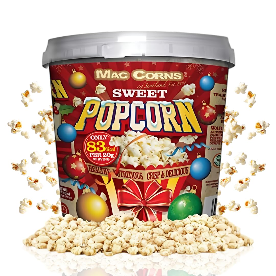 MacCorns - Sweet Popcorn - Christmas Festive Season Sharing Bucket | 10ltr Mega Bucket | Sweet Popcorn Ideal For Families, Parties, Events & Movie Nights | Allergen FREE !