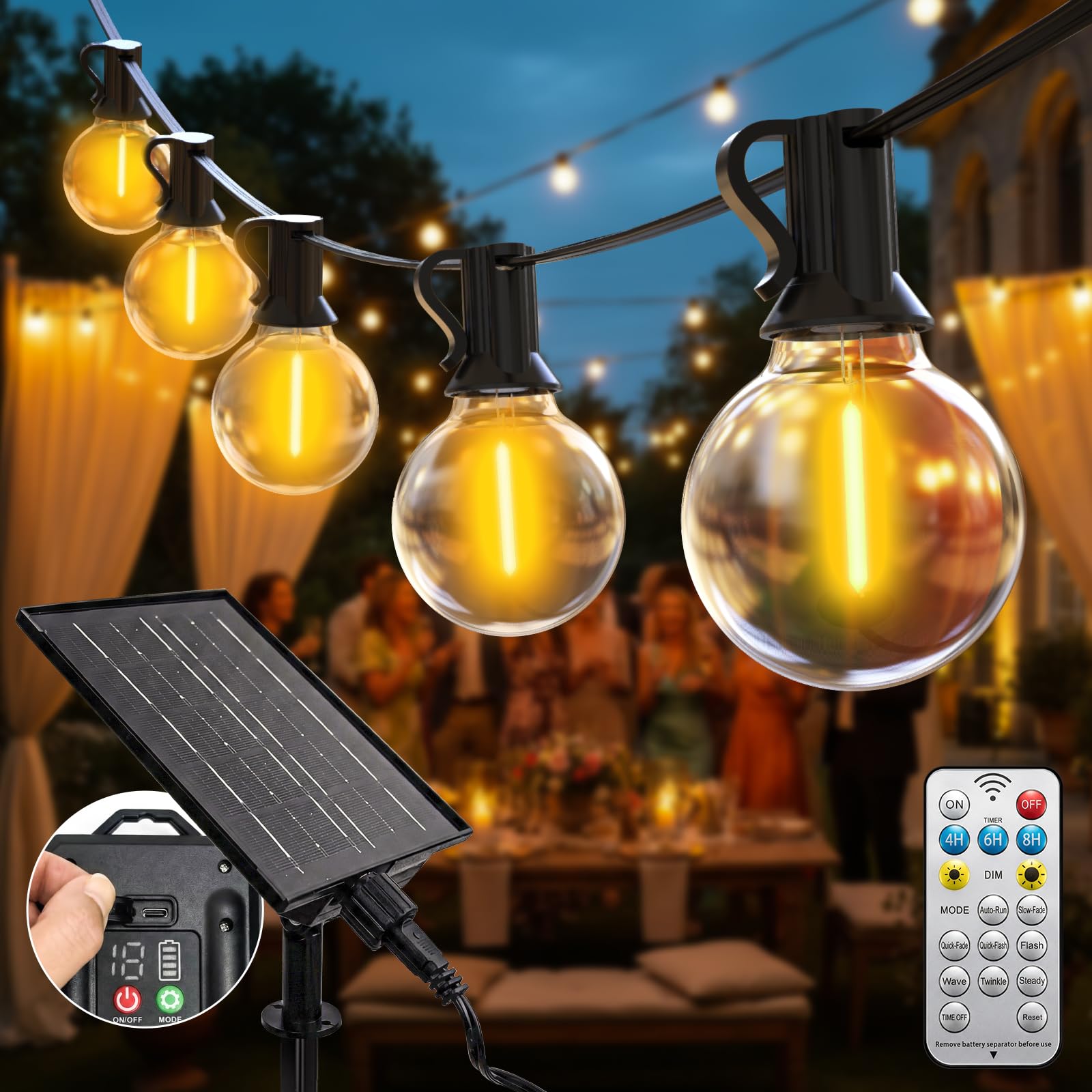 btfarm 30M/98FT Solar Festoon Lights Outdoor with Remote, 40+2 LED Garden String Light USB & Solar Powered G40 Shatterproof Bulb, Waterproof Dimmable Hanging Lighting for Outside Gazebo Fence Wedding