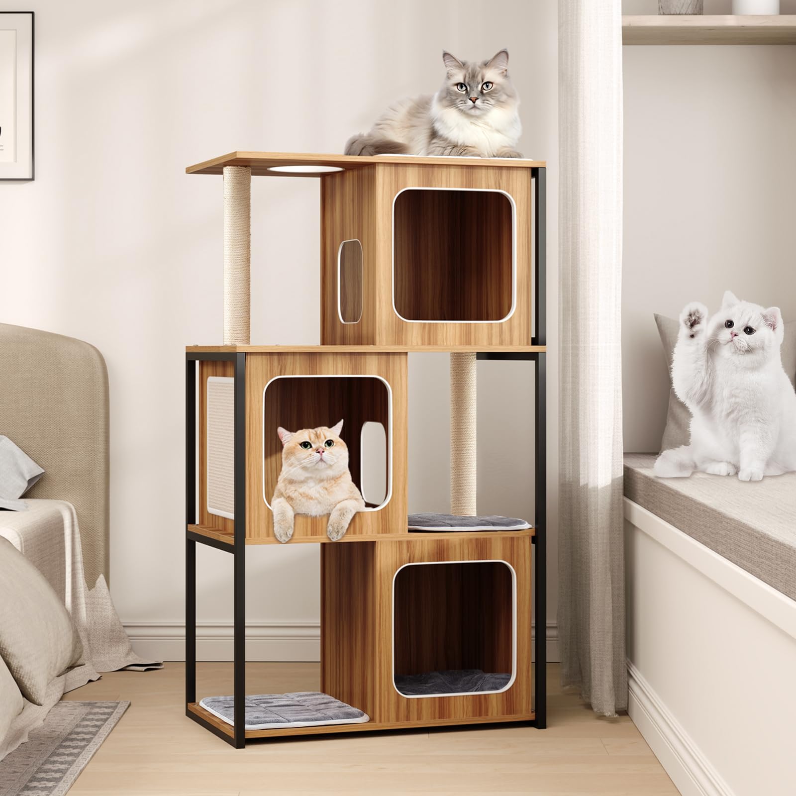 GYMAX Albero per Gatti in Legno con Struttura in Metallo, Condominio e Piattaforma, Pali Tiragraffi in Sisal, Cuscini Lavabili, Torre a Più Livelli, Mobile per Arrampicamento (75 x 45 x 133 cm)